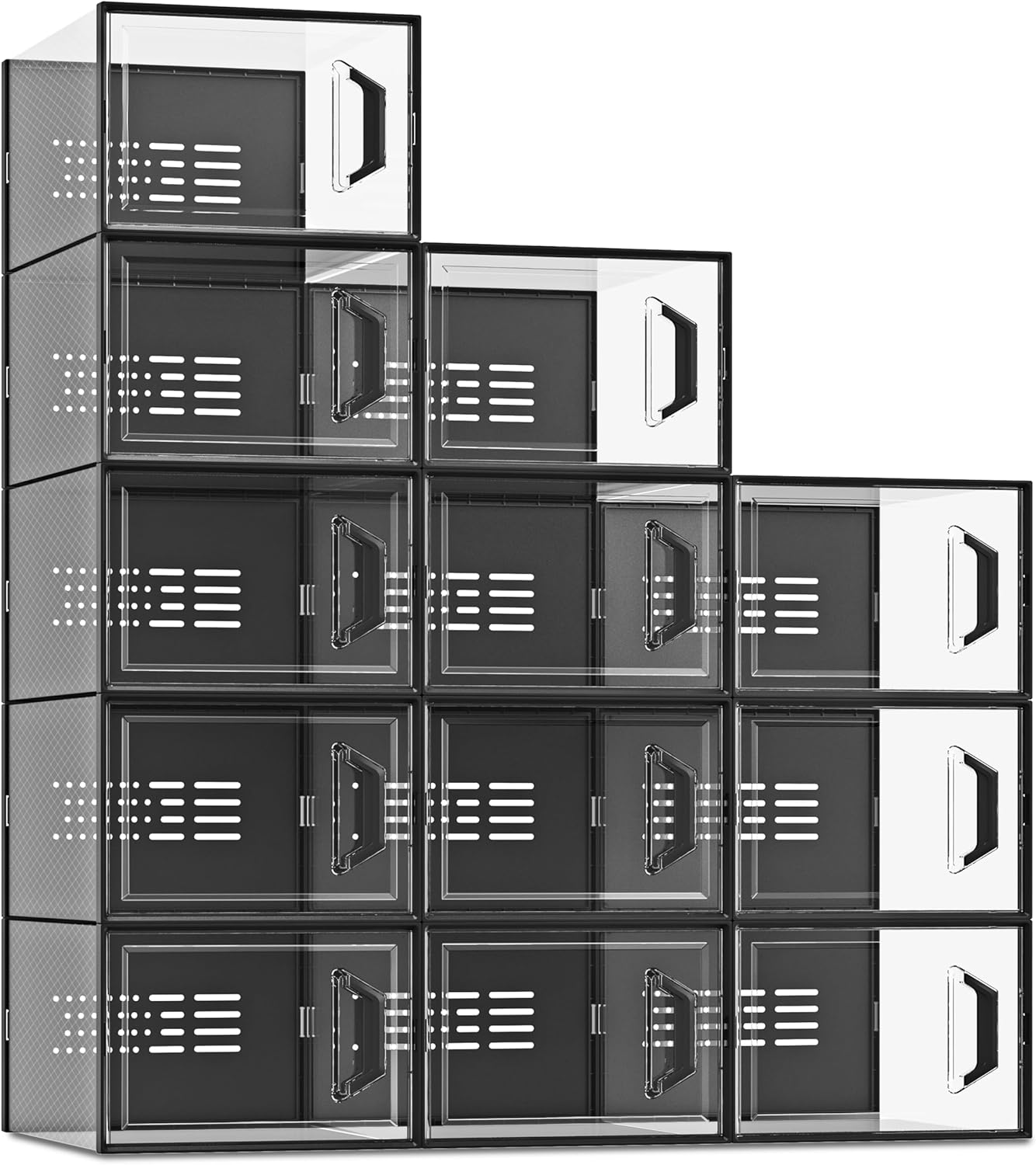 SEE SPRING XX-Large Shoe Storage Box Fit Size 13, Clear Plastic Stackable Shoe Organizer for Closet, Space Saving Sneaker Shoe Rack Containers Bins Holders for Entryway, Under Bed, 12 Pack Black