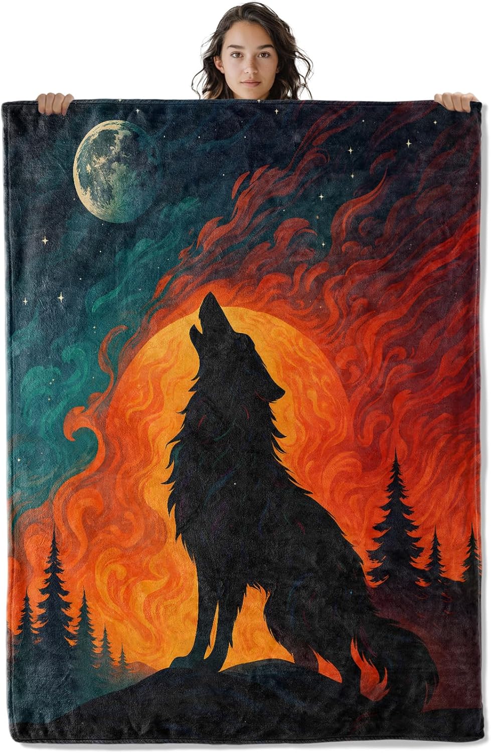 Mystical Wolf Moonlit Howl Blanket, 60 x 50 Inch Flannel Moon and Wolves Throw Blanket, Gifts for Women Boys Girls Adults Kids, Lightweight Cozy Warm Blankets for Sofa Travel Home Decor