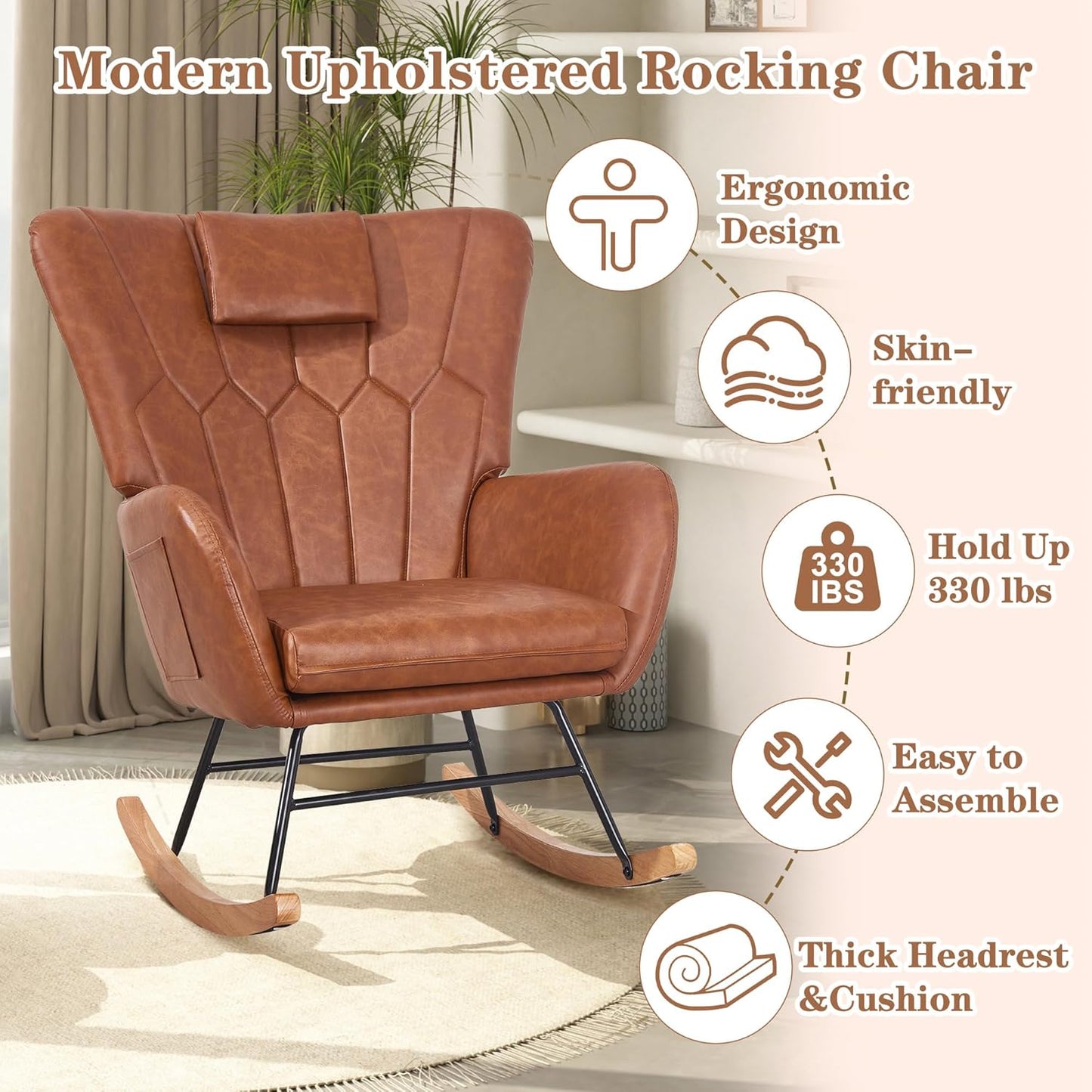 Nursery Rocking Glider Chair — PU Upholstered, Thick Headrest, High Backrest, Side Pocket, Brown