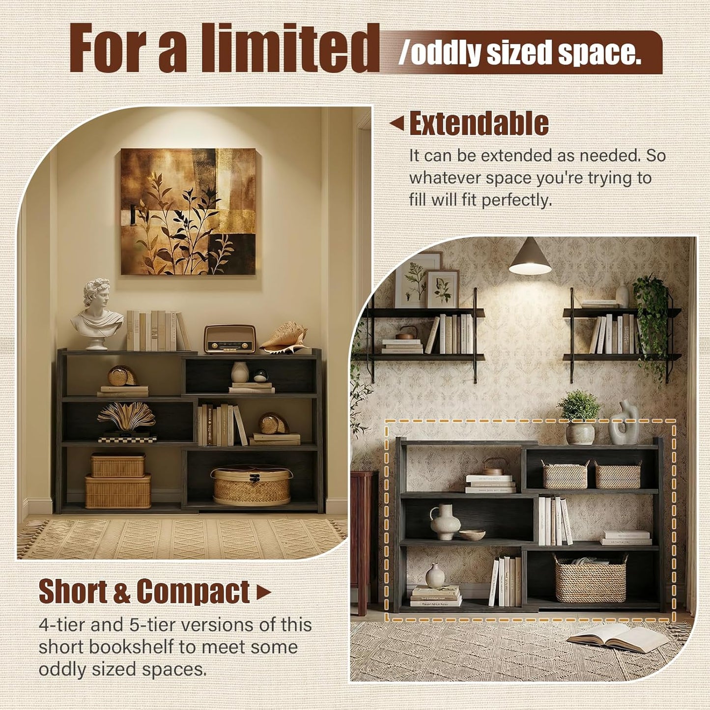 Armocity Expandable Bookshelf, Short Corner Bookshelf for Small Spaces, Small Ladder Book Shelf, Extendable Wood Narrow Bookcase for Living Room, Bedroom, 4 Tier, Grey Oak