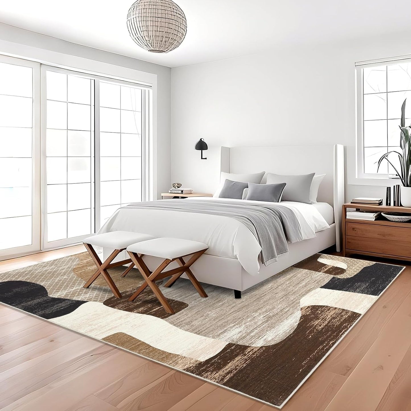 Modern Abstract Rug for Living Room 9x12 Large Low Pile Washable Rugs with Non-Slip Backing, Stain-Resistant Contemporary Indoor Carpet, Neutral Rugs Print Floor Mats for Bedroom Nursery, Brown