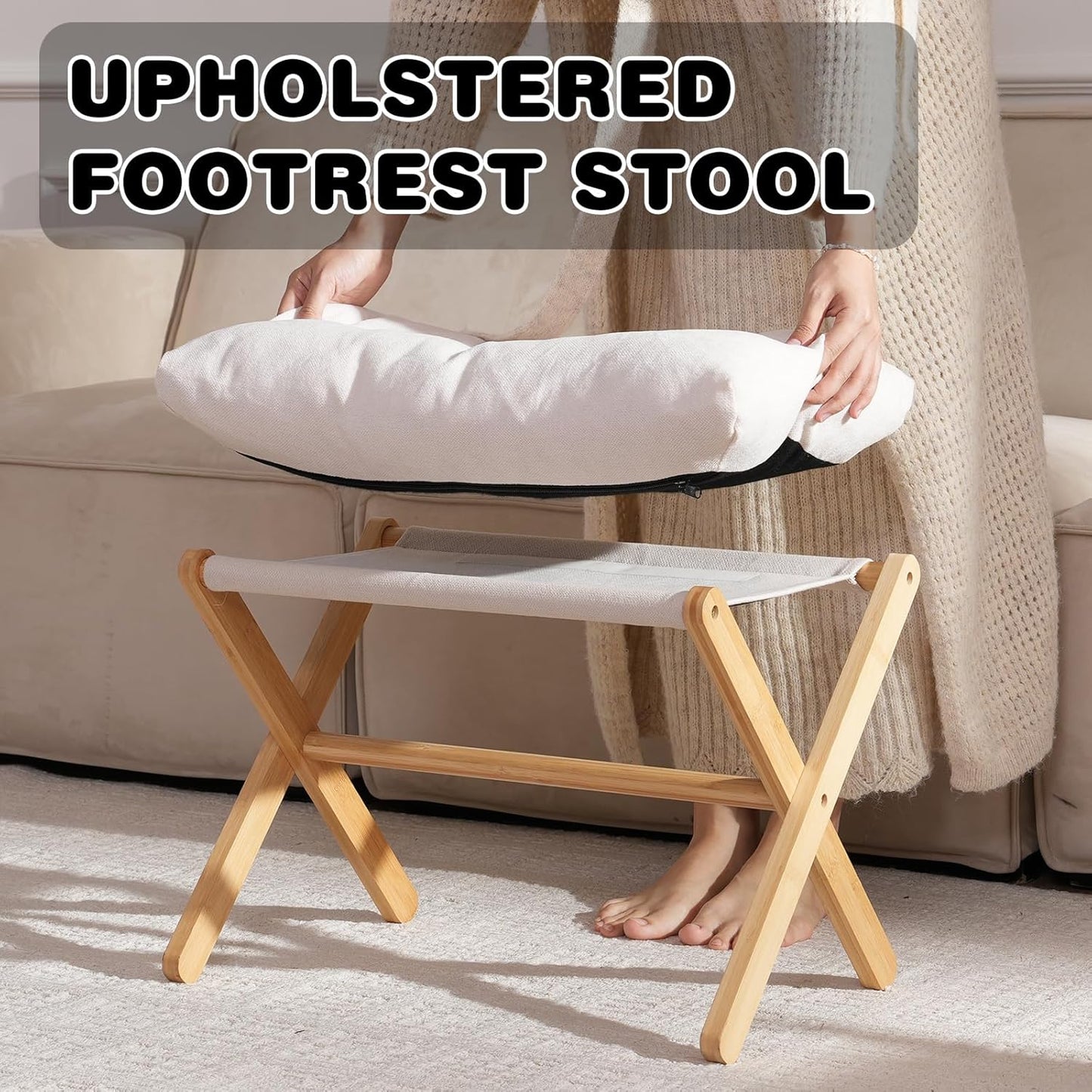 Ottoman Foot Rest- Bamboo Foldable Stool, Foot Stools Small Ottman with Upholstered & X Legs, Folding Stool for Makeup, Bedroom and Living Room (Large Beige)