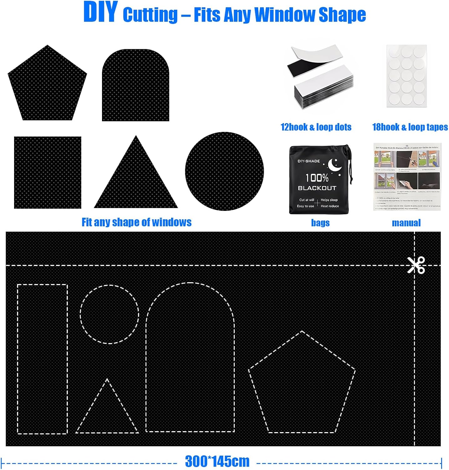 Blackout Blinds 118" x 57", 100% Blackout Curtains for Window, 420D No Drill Portable Black Out Shades Film for Bedroom, Nursery Black Out Blinds for Baby Temporary, 12 Hook and Loop Tapes