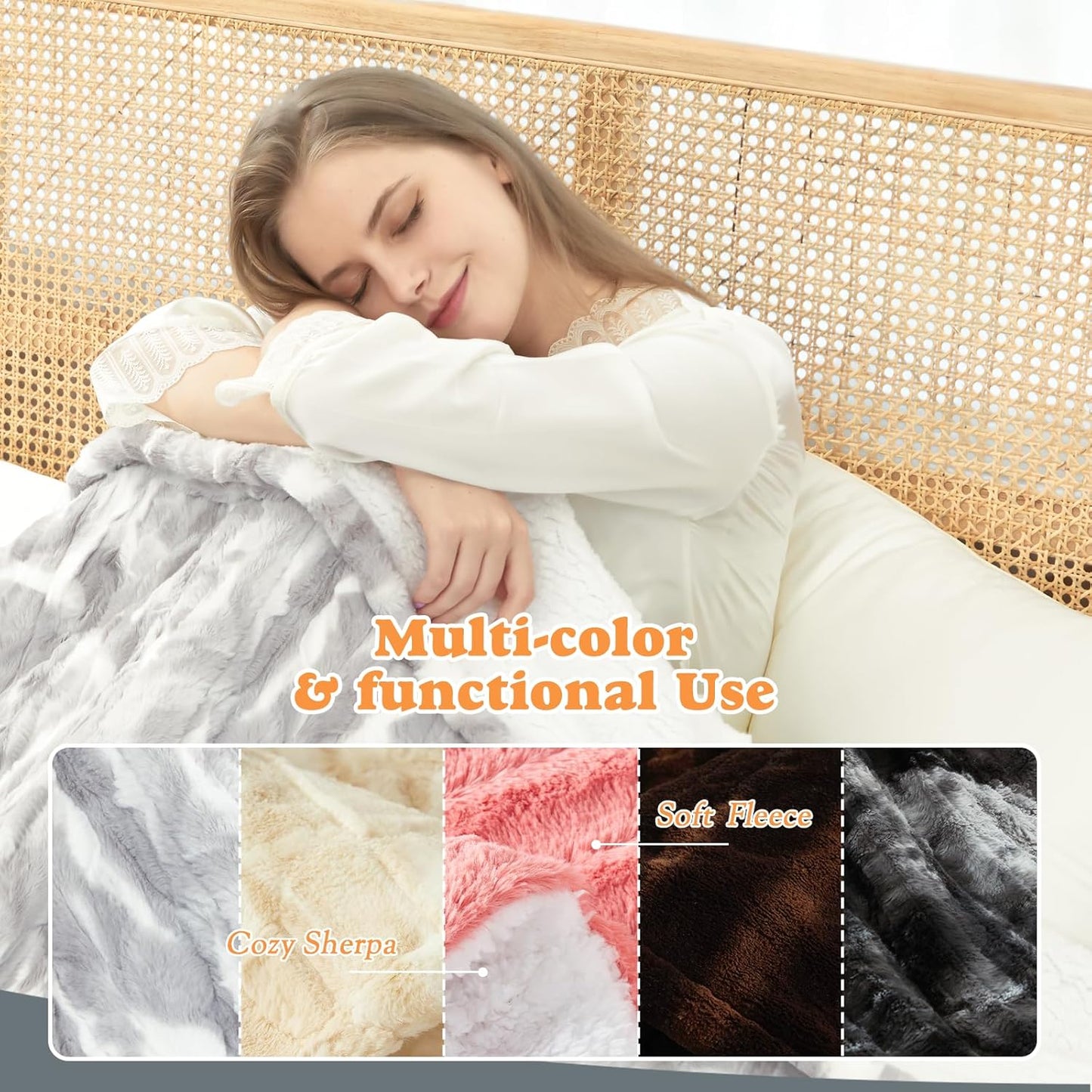Heated Blanket Faux Fur & Sherpa Full Size, Safe Electric Blanket ETL & FCC Certified, Soft Warm 6 Heating Levels & 10 Hours Auto-Off, Machine Washable, 72"x84" Light Grey & White Pattern