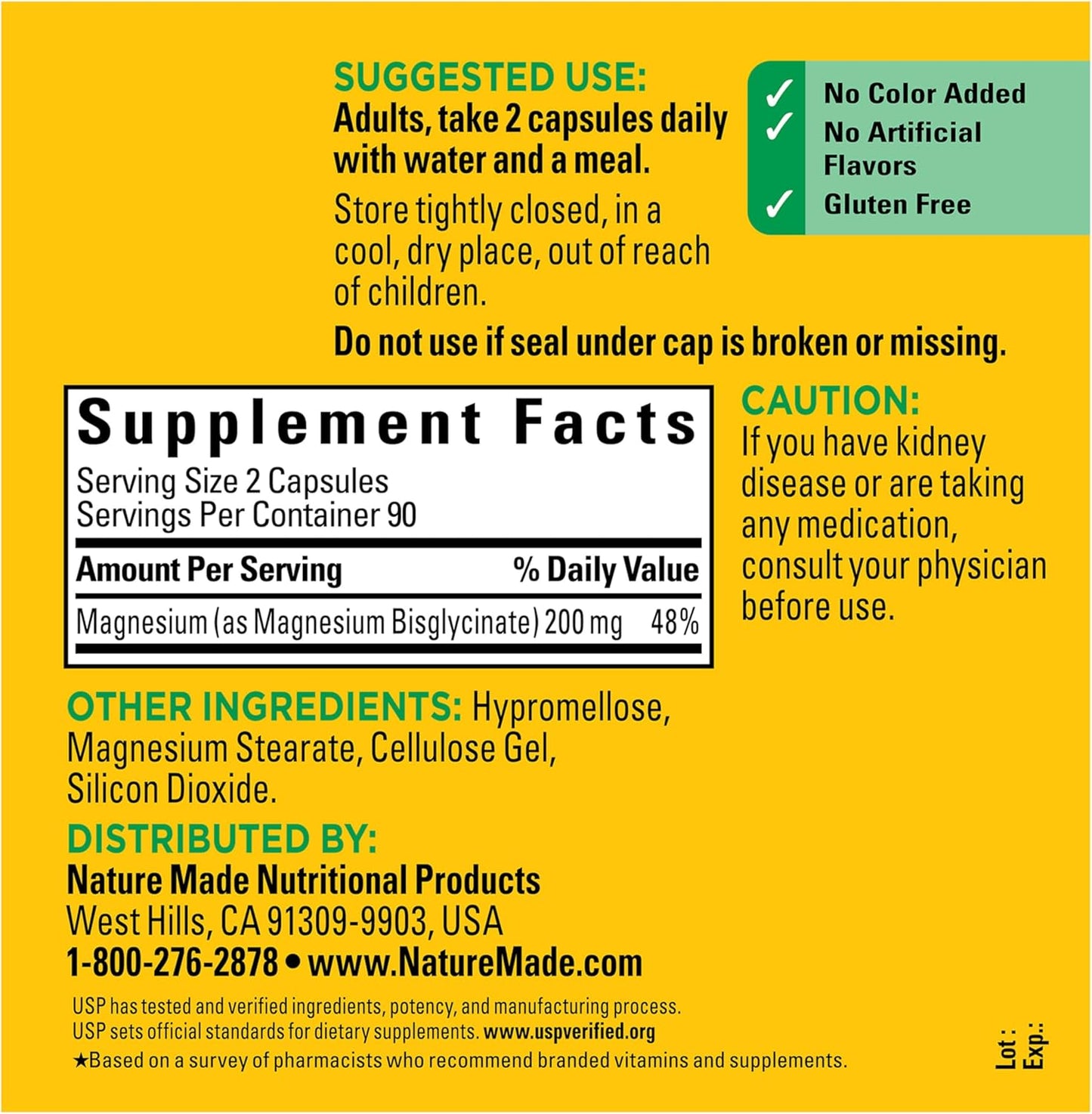 Nature Made Magnesium Glycinate 200 mg per serving, Magnesium Supplement for Muscle, Heart, Nerve and Bone Support, 180 Magnesium Bisglycinate Capsules, 90 Day Supply