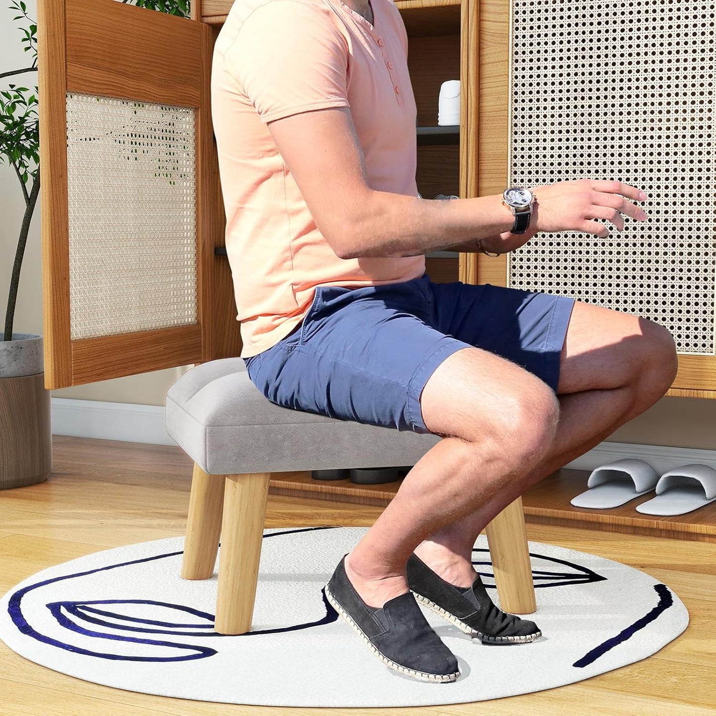 YMYNY Footstool, Small Ottoman Stool Chair with Wooden Legs, Modern Padded Sofa Seat Foot Rest Stool, Sofa Footrest for Living Room Entryway 15.74" D×11.81" W×10.62" H Grey UHBD032G