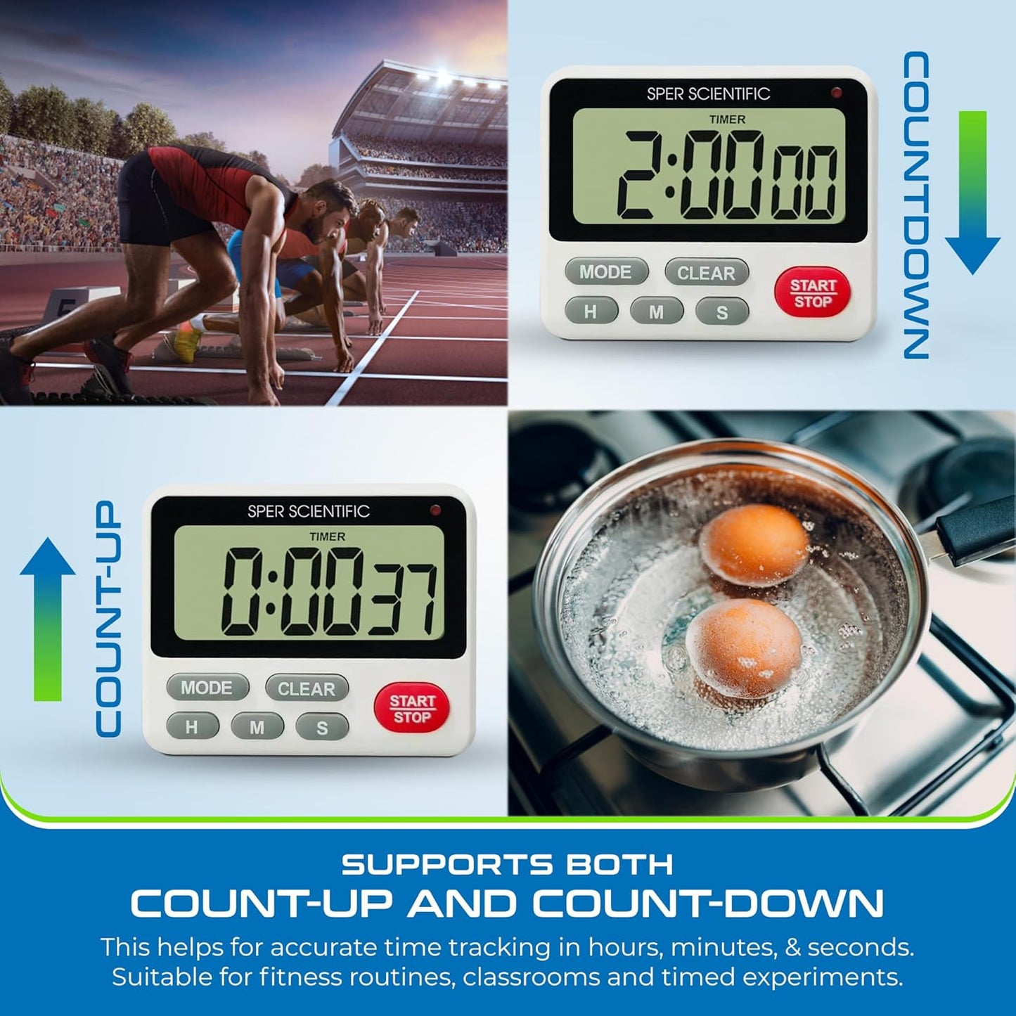 Sper Scientific 24-Hour Digital Lab + Kitchen Timer with LED Light 810001 - Precision Countdown Timer with Large Display, Loud Alarm & Clock Mode - for Cooking, Lab Experiments & More