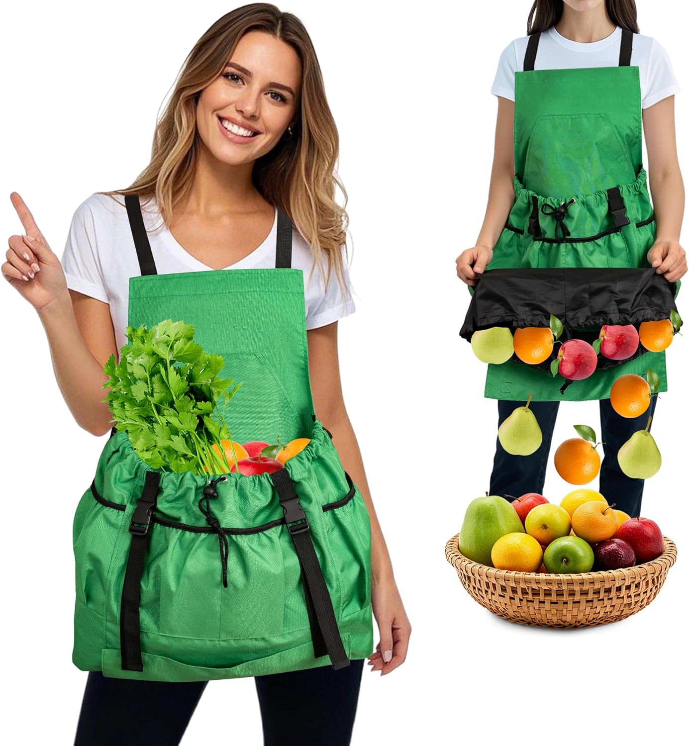 Gardening Apron for Women & Men, Garden Aprons with Pockets and Interal Drawstring Bag, Waterproof Adjustable Cross Back Harvest Apron for Fruit Picking Storage Weeding Garden Gift
