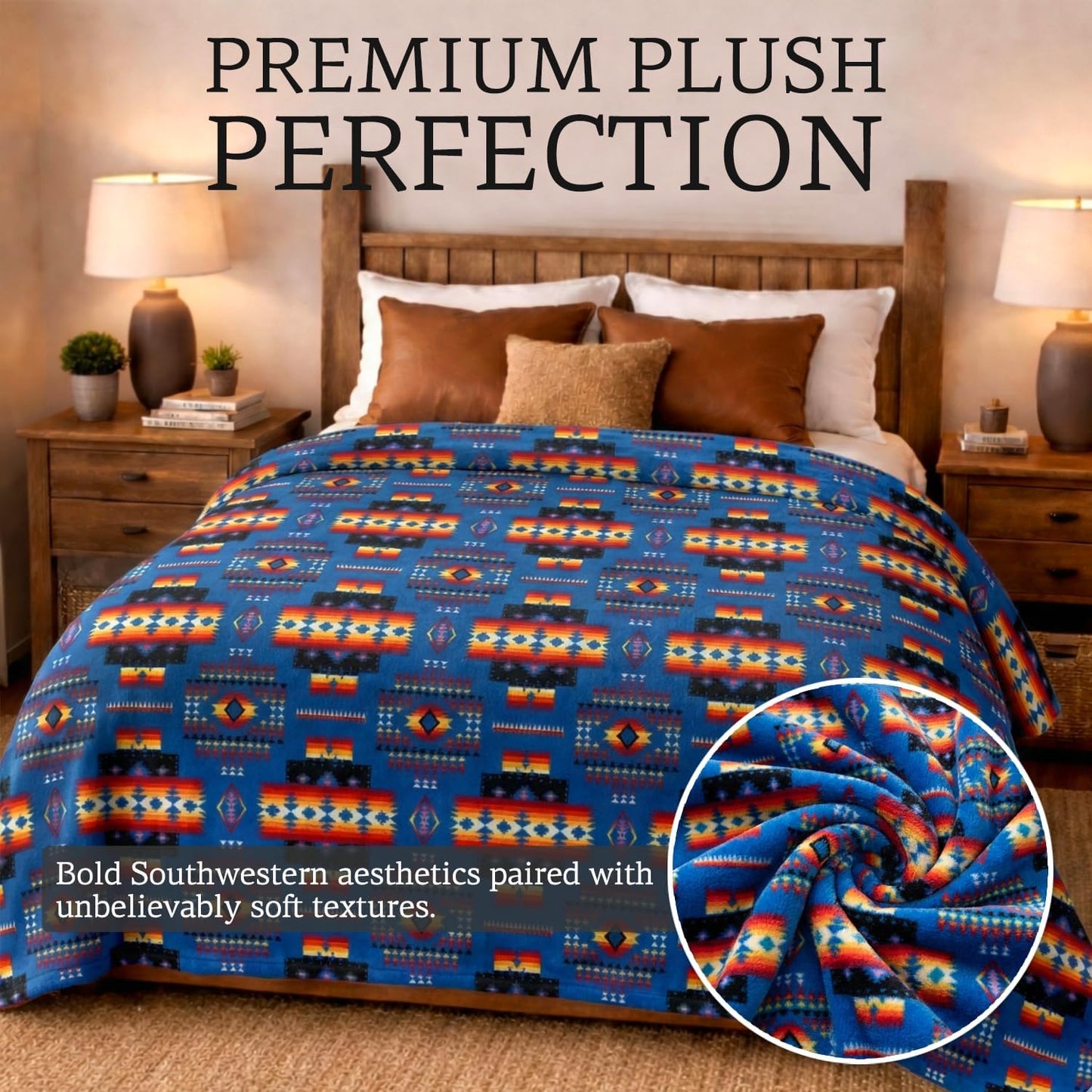 Sacred Thread Aztec Blanket Fleece, Reversible Native American Blanket, Western Throw, Native American Western (Blue Sherpa), Full (60”x80”)