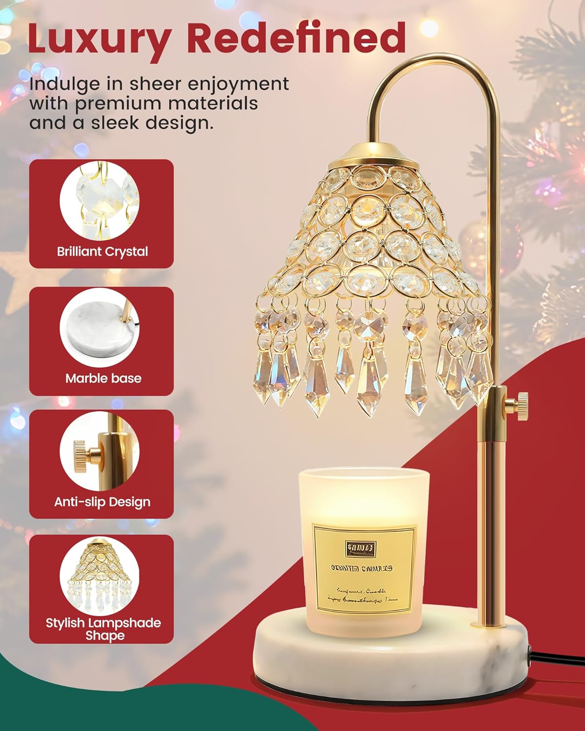 KISUFU Smart Crystal Candle Warmer Lamp with Timer - 2-in-1 Table Lamp & Adjustable Height, 50W Halogen Bulb + 5W Night Light, Luxury Valentine Gift for Women, Christmas, Fall Home Decor (Gold)