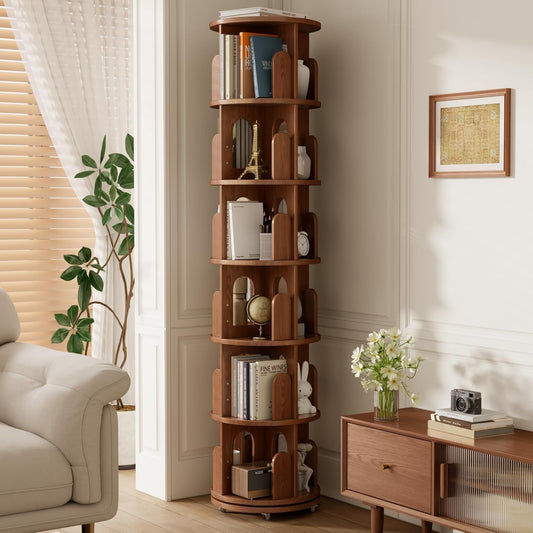 Solid Wood Rotating Bookshelf Tower, 6 Tier Corner Bookshelf with Bookends, Kids Spinning Book Shelf with Wheels, Revolving Bookcase Shelf, Tall Narrow Bookshelves for Small Spaces, Walnut