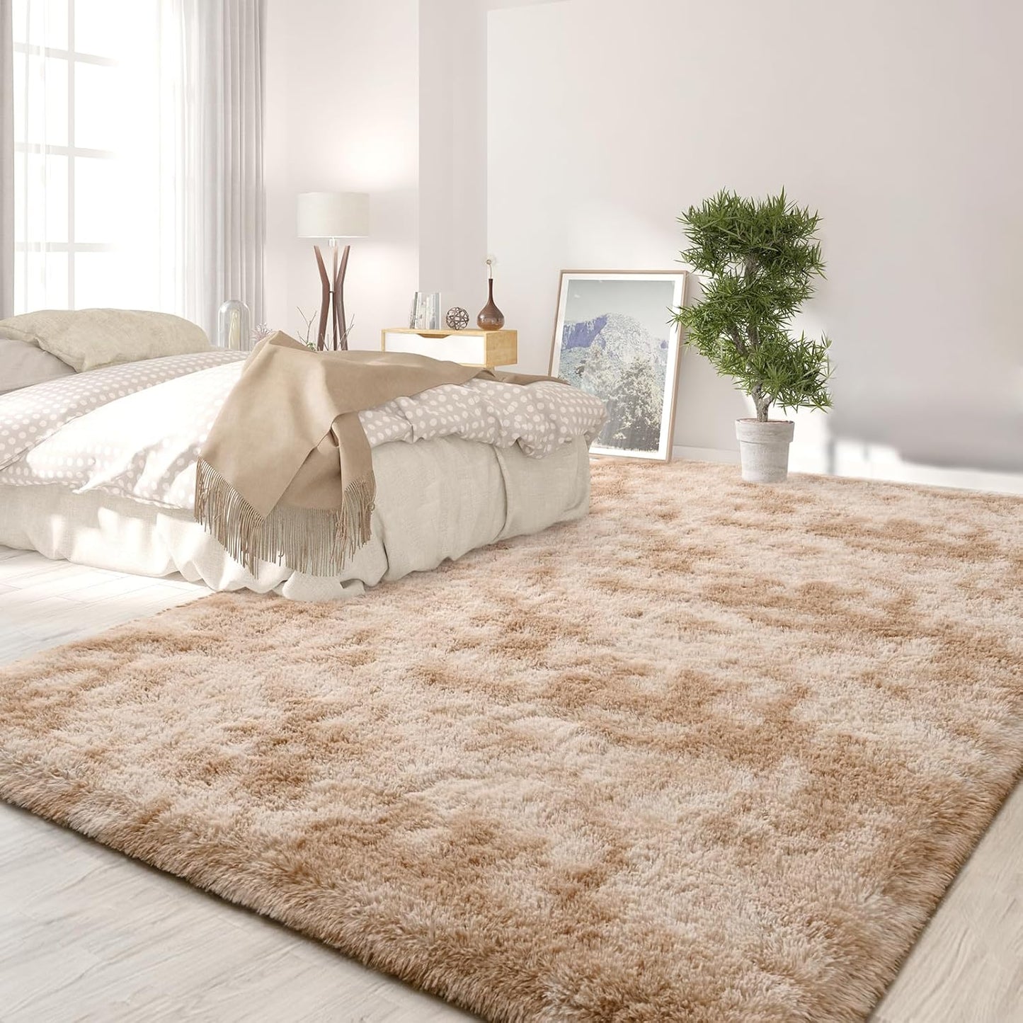 FlyDOIT Large Area Rugs for Living Room, 4x6 Feet Tie-Dyed Beige Shaggy Rug Fluffy Throw Carpets, Ultra Soft Plush Modern Indoor Fuzzy Rugs for Bedroom Girls Kids Nursery Room Dorm Home Decor