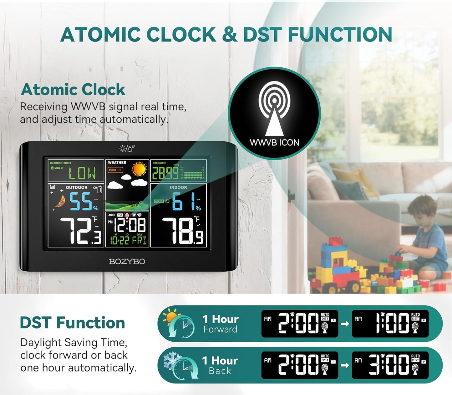 Weather Station Wireless Indoor Outdoor Thermometer: BOZYBO Digital Atomic Clock with Indoor/Outdoor Temp, Temperature Gauge Weather Clock with Calendar and Adjustable Backlight