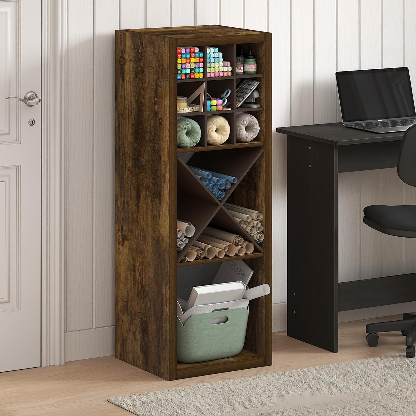 Furinno Cubicle Book Shelf, 3-Cube Bookshelf, Extra Thick Frame Horizontally & Vertically Reversible Bookcase with Open Back, 14.6" x 16" x 44", for Living Room, Bedroom, Home Office, Amber Pine