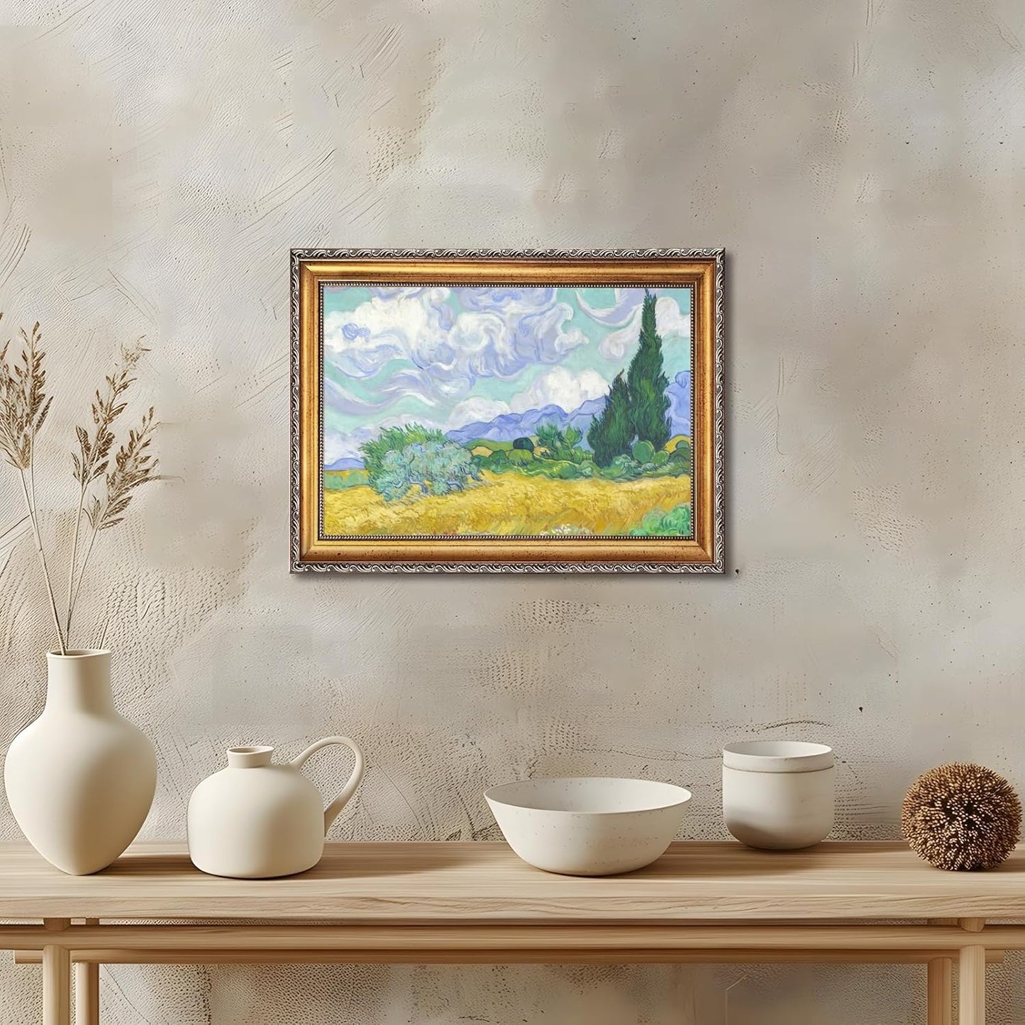 Gold Framed Wheat Field with Cypresses by Vincent Van Gogh Canvas Wall Art Classic Flower Oil Painting Reproduction Poster Famous Artwork Landscape Painting Pictures for Home Decor 12x16inch