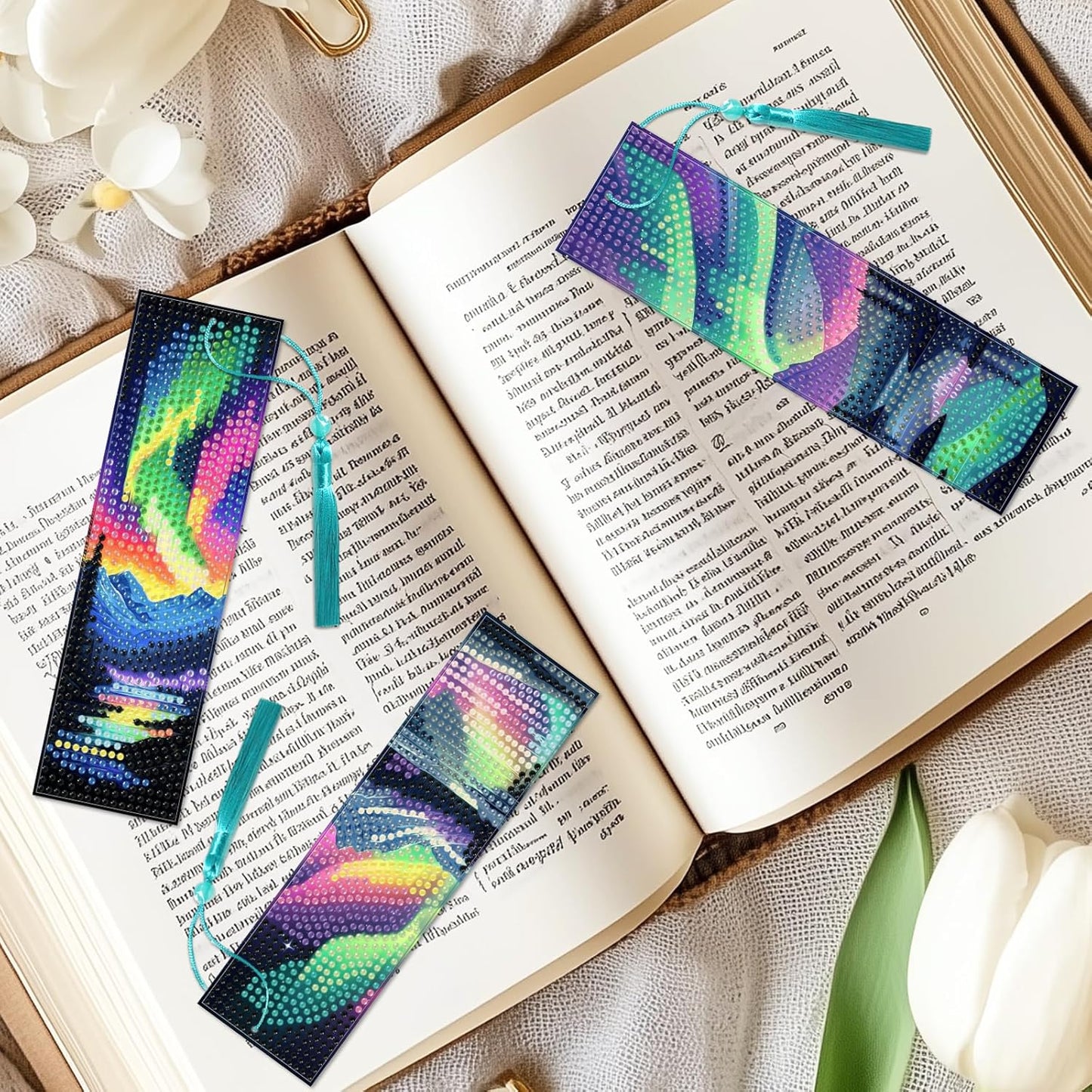 10Pcs Aurora Starry Sky 5D Diamond Art Bookmarks Forest Lake Diamond DIY Painting Bookmarks Rhinestones Beaded Acrylic Tassel Bookmark for Adult Beginner Crafts
