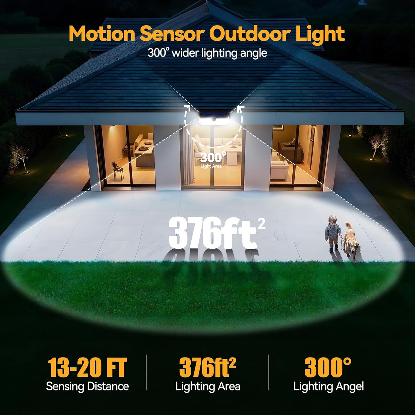 TECKNET 416 LED Solar Lights Outdoor Waterproof, 300° Angle & 3 Lighting Modes Motion Sensor Outdoor Lights, 2 Pack Solar Powered Flood Wall Lights IP66 for Home Patio Fence Yard Deck Garage Street