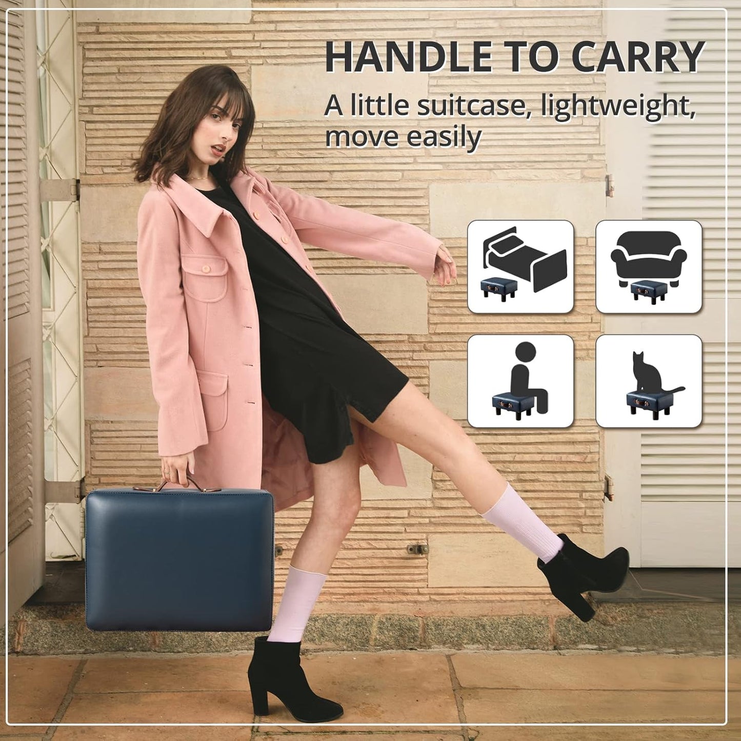 Small Foot Stool with Handle, Blue PU Leather Short Foot Stool Rest, Rectangle Storage Foot Stools Ottoman with Plastic Legs, Padded Footstool Small Step Stool for Living Room, Office, Desk, Patio
