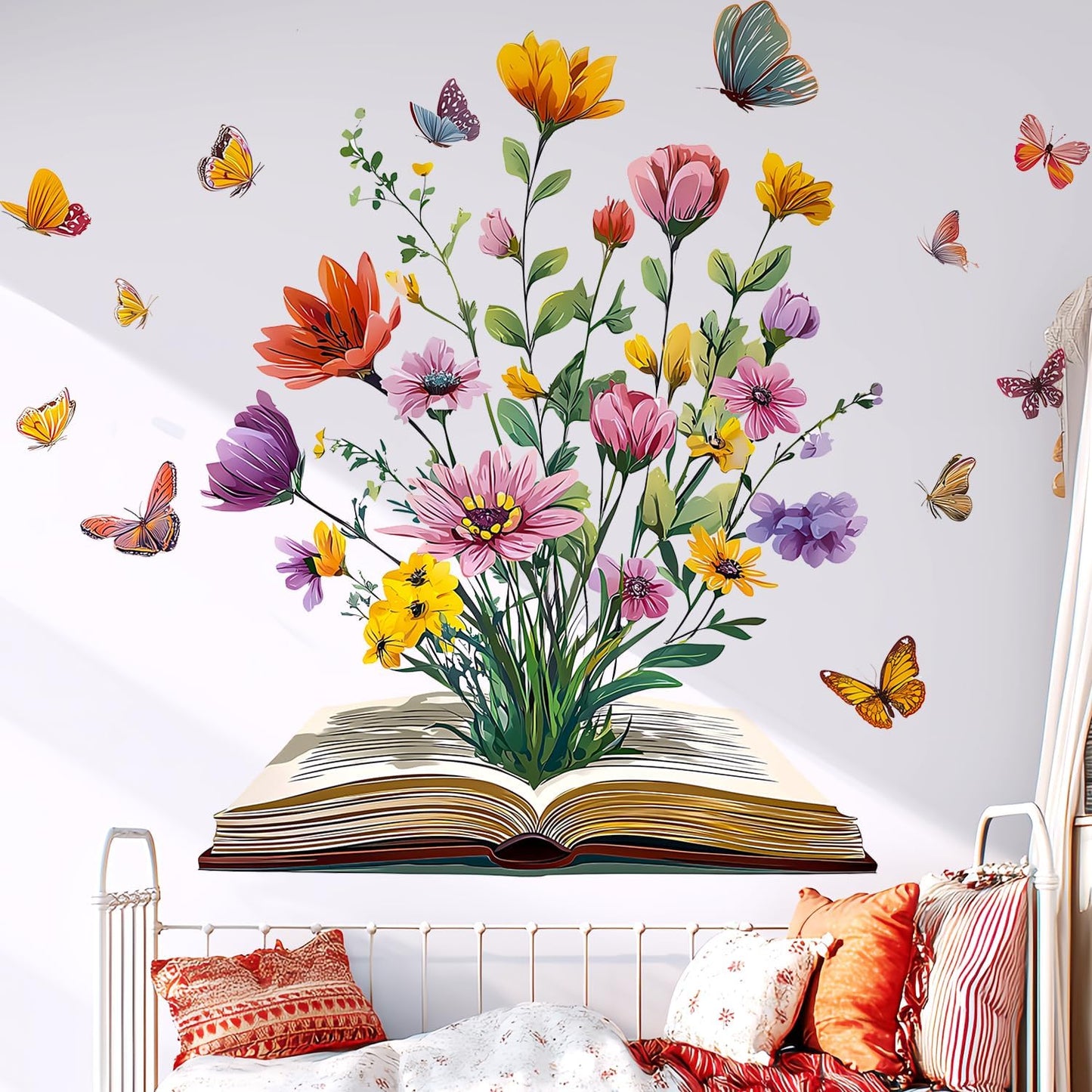 Book Flower Wall Decals Peel and Stick, Floral Butterfly Wall Stickers, Removable Vinyl Art Wall Decor for Kids Room Library Study Reading Nook Bedroom Classroom School Home Decoration