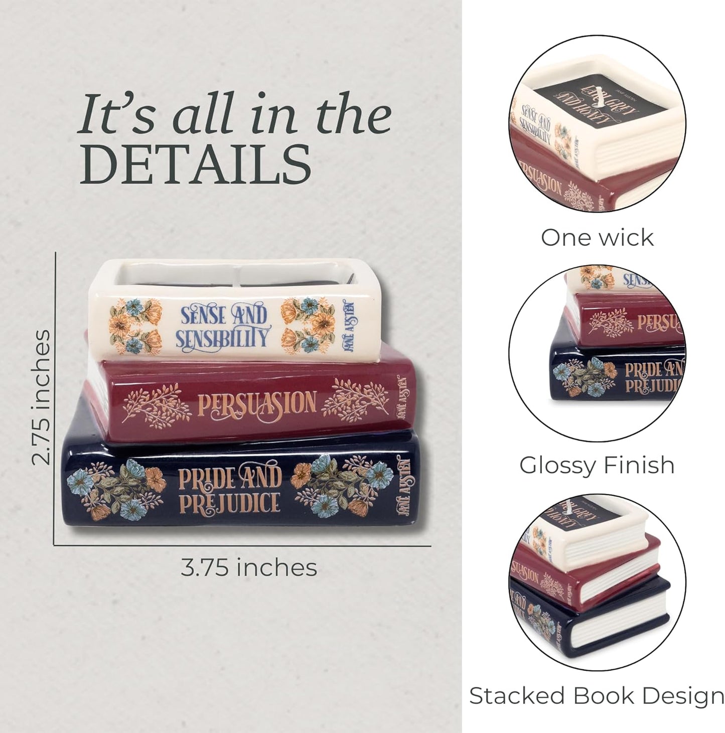 Steel Mill & Co Novelty Shaped Book Theme Scented Candle, Library Stack 6.5 oz Wax Candle with Notes of Earl Gray Tea and Honey, Unique Gift for Mother's Day (Jane Austen)