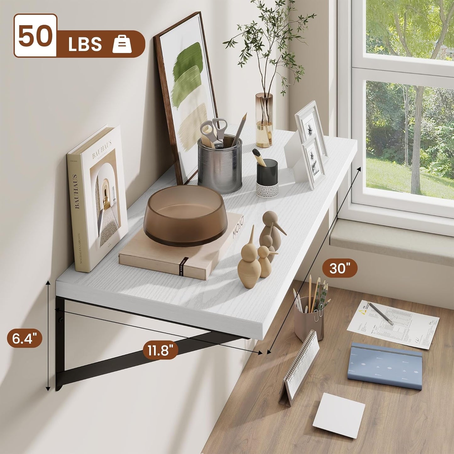 Deep Wall Shelves 30"W x 12"D Engineered Wood Floating Shelves for Wall, Sturdy Metal Bracket Bookshelves Home Decor Storage for Living Room Bedroom Bathroom Kitchen, Set of 2, White Finish