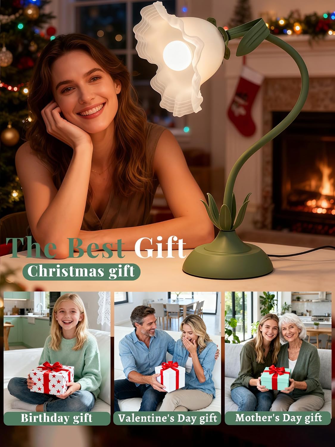 Flower Table Lamp, LED Reading Light Bedside Vintage Flower Desk Lamp, 3 Color Modes Kawaii Bedside Lamps, Nightstand Table Lamps for Living Room Office Bedroom Lighting Home Decor (Green)