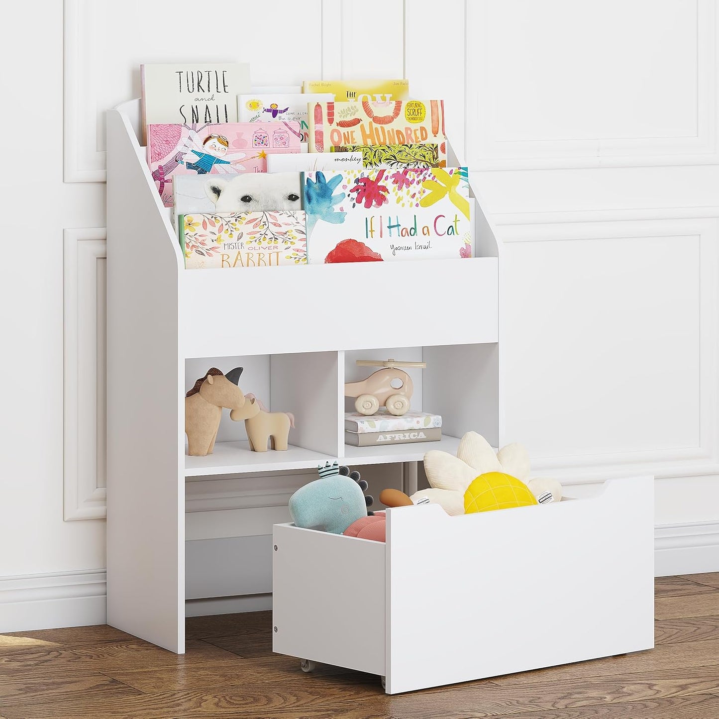 UTEX Kids Bookshelf with Movable Toy Box, Toddler Book Shelf and Toy Storage, Children Book Display Rack Toy Chest Combo for Kids Room & Nursery, White