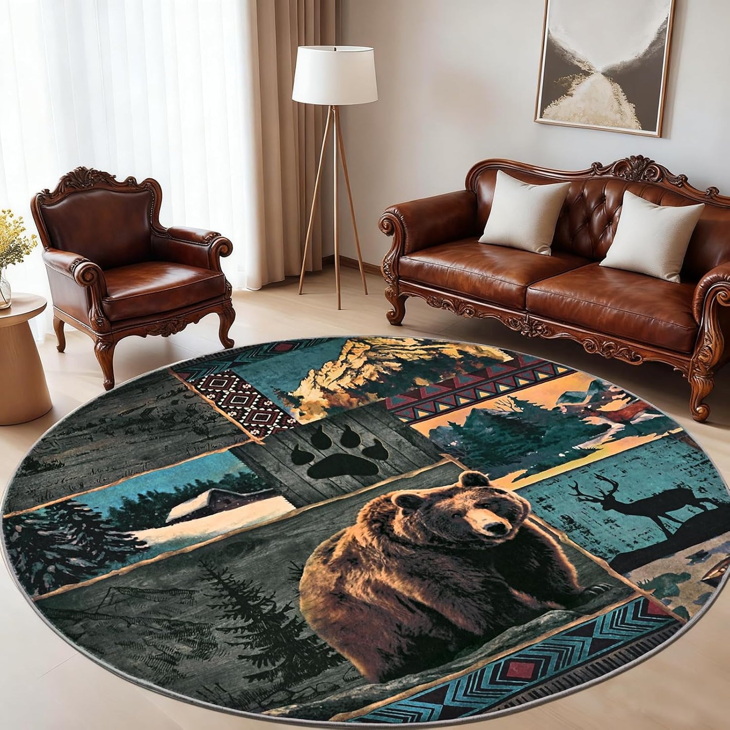 ASPMIZ Rustic Round Rug 4ft, Cabin Bear Moose Area Rugs for Living Room, Low Pile Southwestern Washable Rug Non Slip, Soft Faux Wool Circle Rugs for Bedroom, Entryway, Wildlife Home Decor, Blue