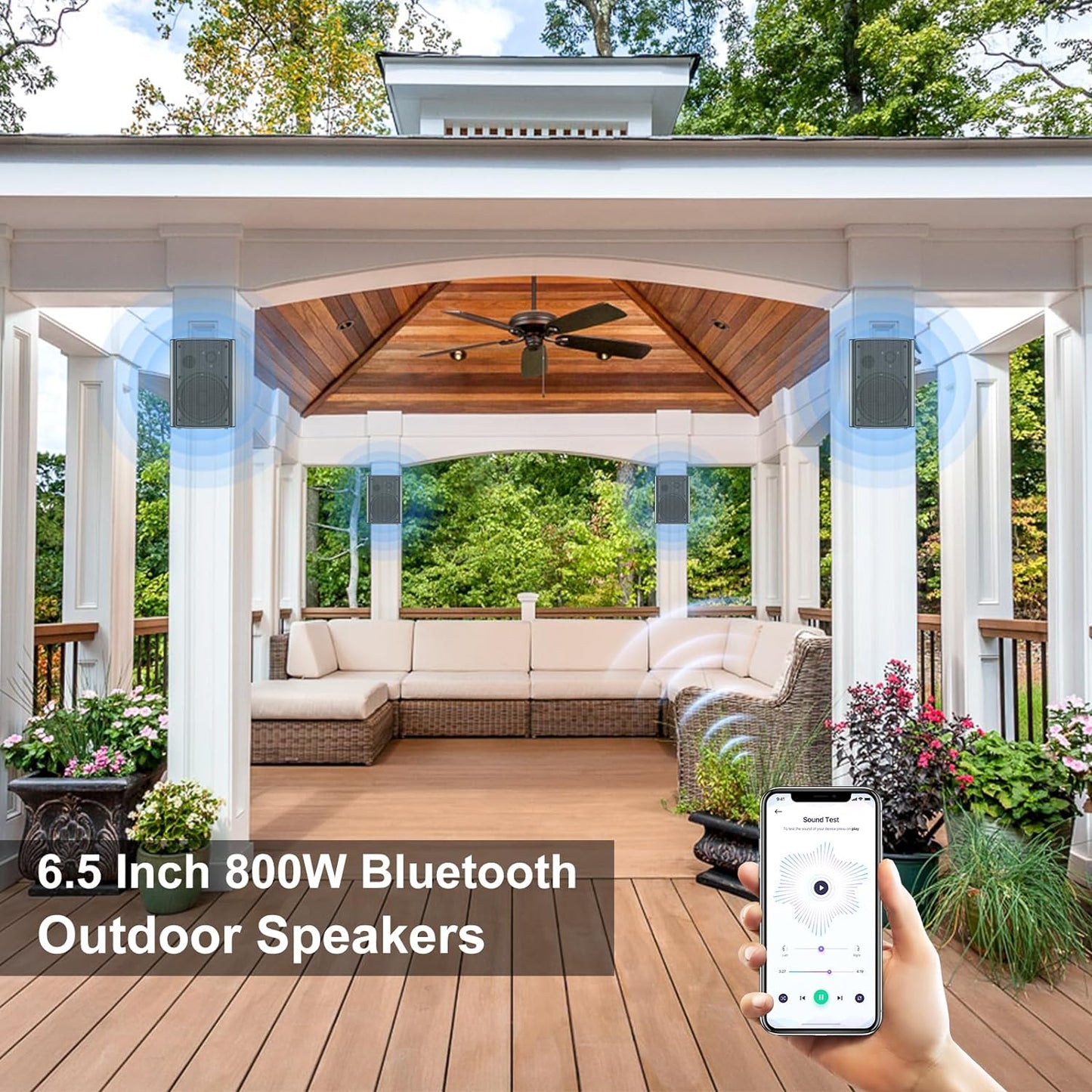 STUDIOFINIX 800W 6.5 Inch Outdoor Bluetooth Speakers Waterproof Wired with Multifunctional Amplifier Wall Mount Weatherproof Loudspeaker System for Patio Garden Poolside Home(4 Speakers,Black)