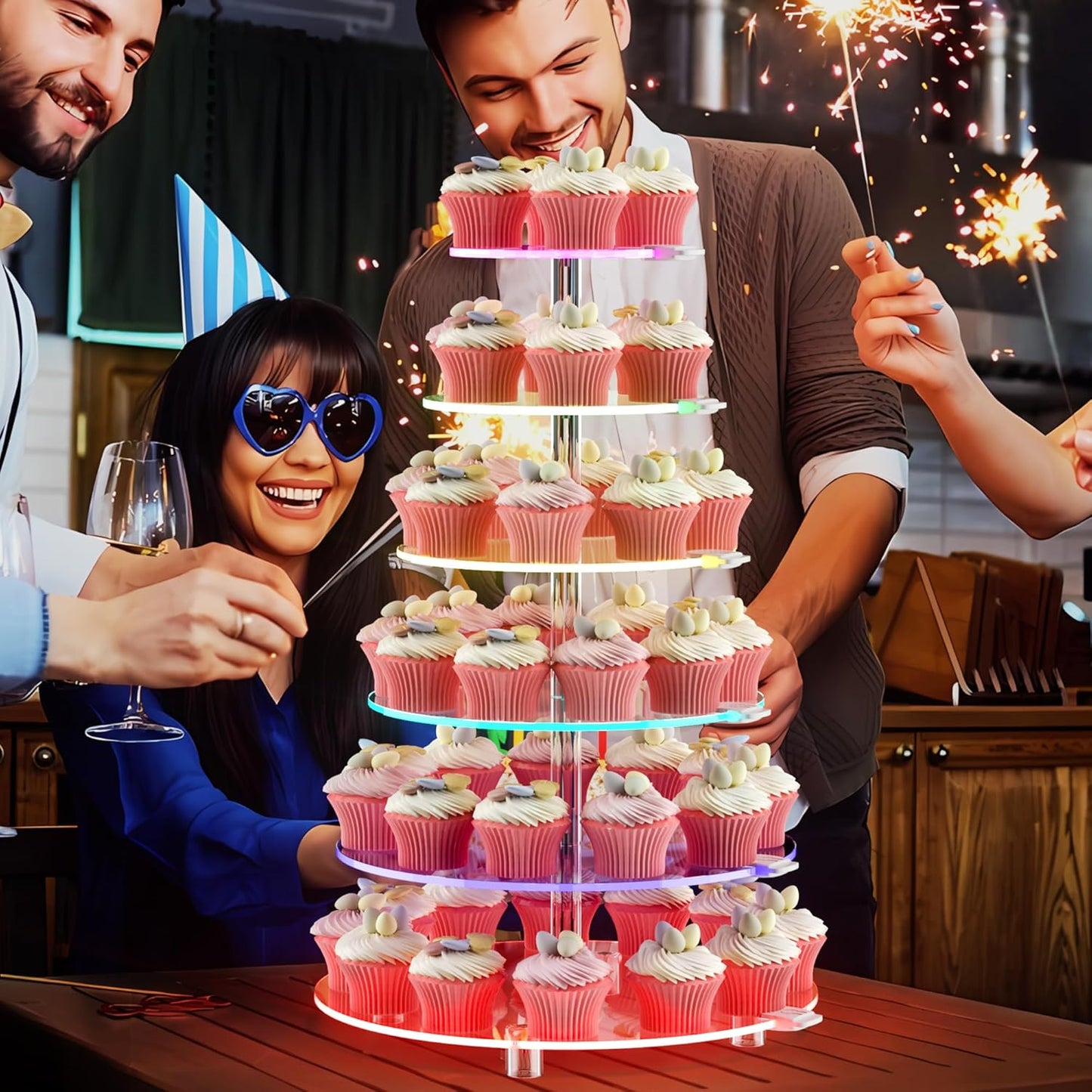 Cupcake Stand - 6 Tier Round Cupcake Tower with Rechargeable LED Light - Cupcake Holder for 60 Cupcakes - Cup Cake Stand with light - Clear Acrylic Dessert Display Stand for Weddings, Birthdays