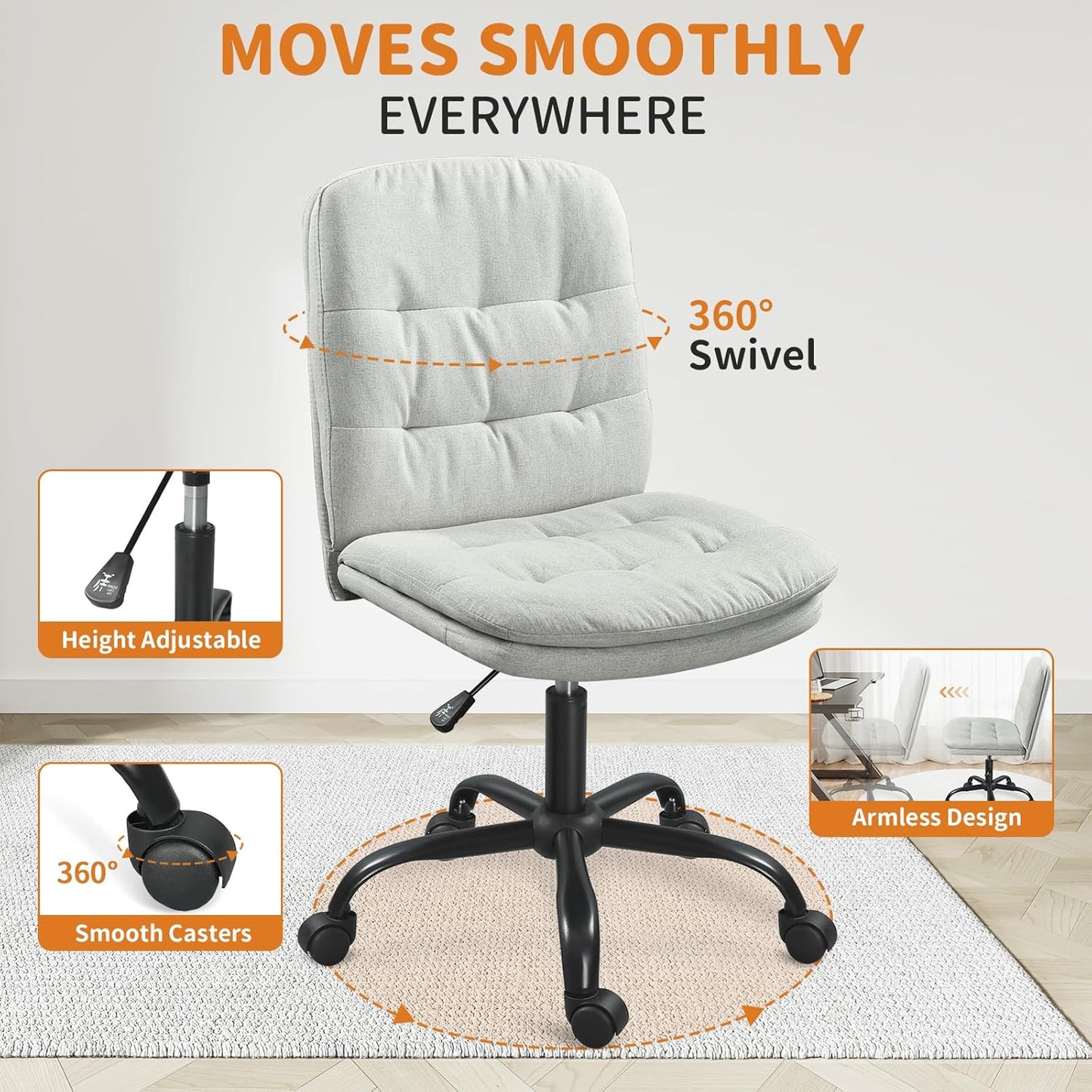 Home Office Desk Chair Comfy - Armless Criss Cross Chair with Wheels Vanity Chair Office Chairs Rolling Swivel Height Adjustable for Adults - Light Grey