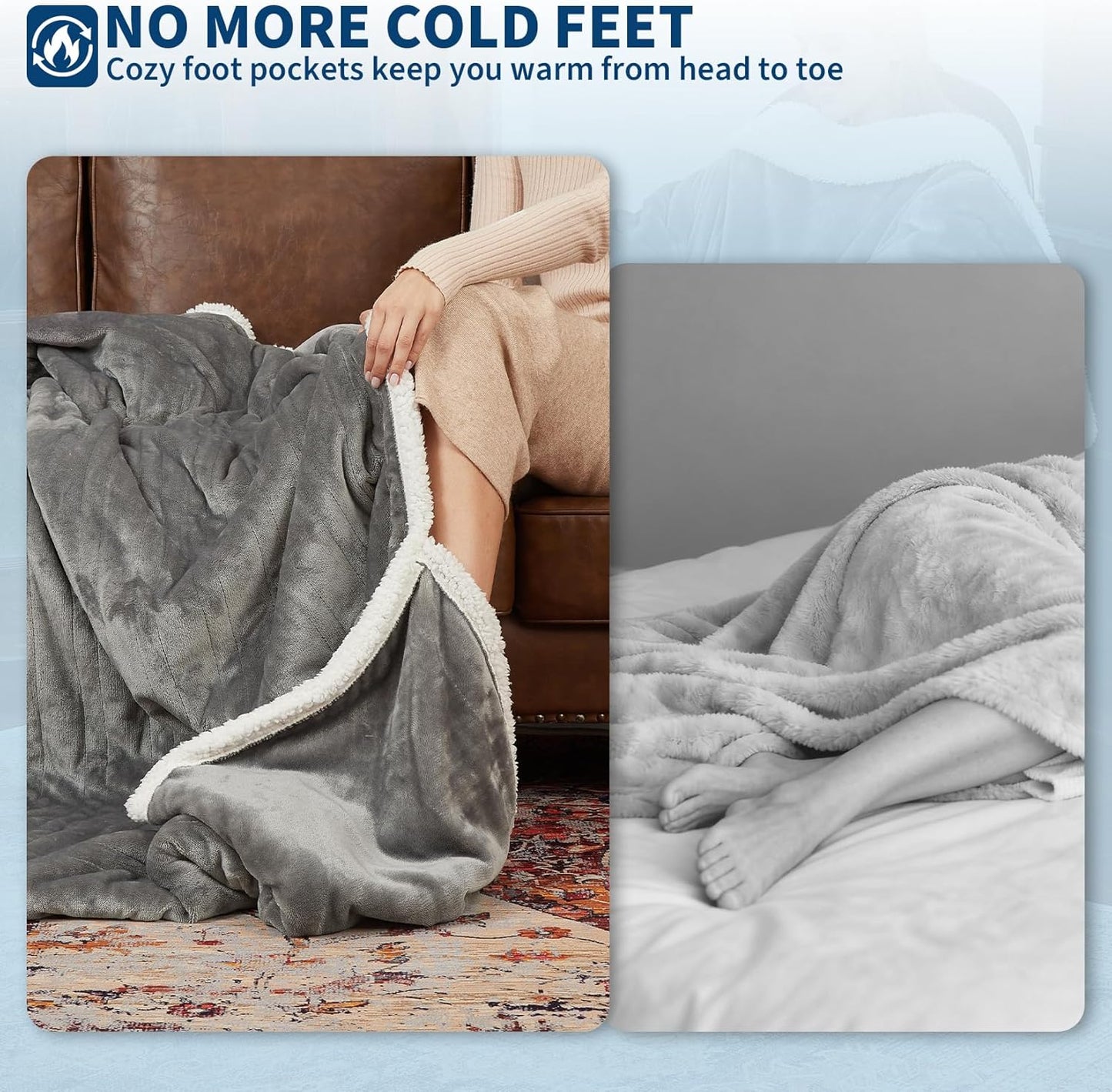 GarveeHome Wearable Heated Blanket with Foot Pocket & Sleeves, Electric Snuggle Throw Blankets, Flannel & Sherpa, 6 Heat Settings & 2–10 H Auto Shut-Off, 50"×70"+18", Grey