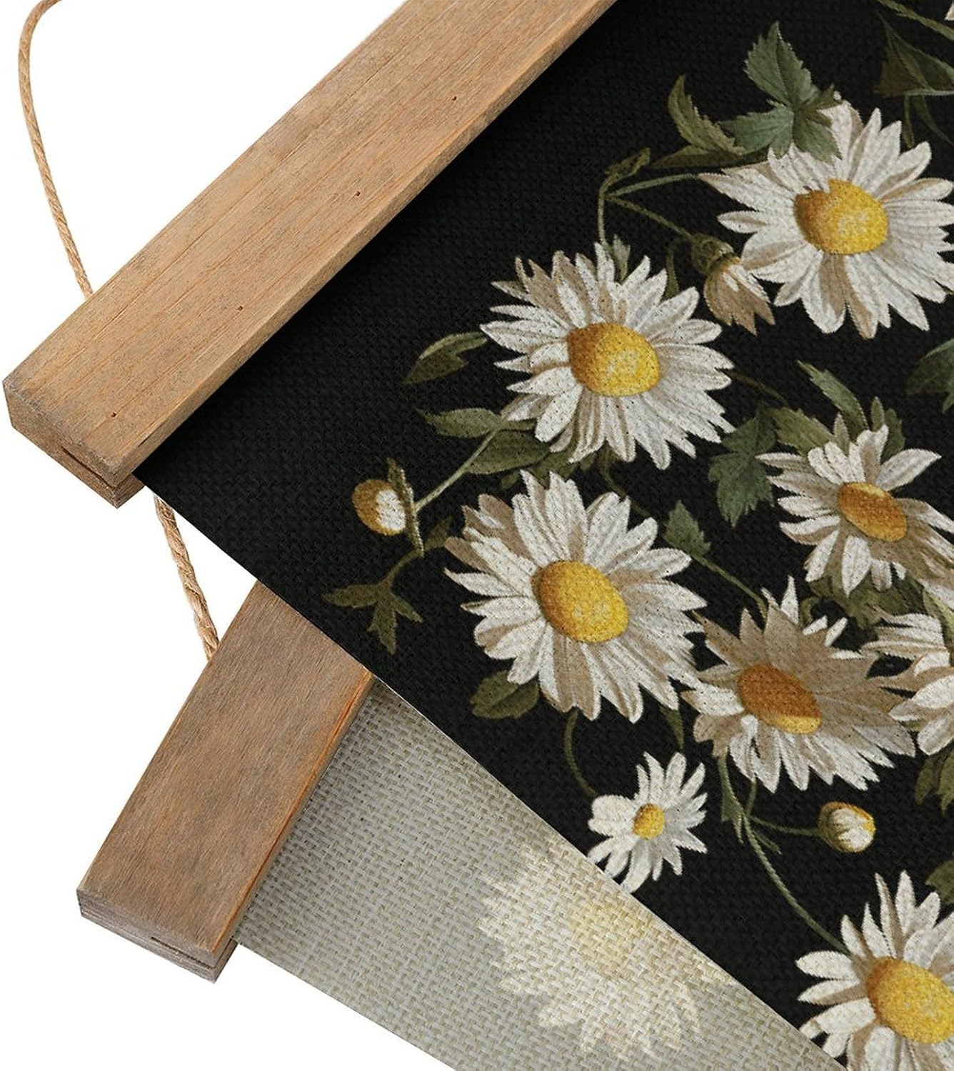 Vintage Daisy Poster with Wooden Frame Personalized Linen Hanging Scroll Painting Rustic Wall Hanging Illustrative Modern Artwork Decor for Home Living Room Bedroom Office