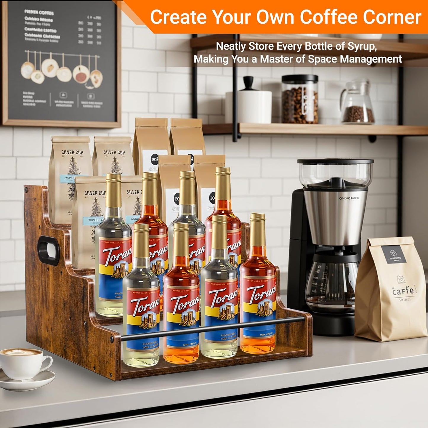 4-Tier Tiered Liquor Bottle Display Shelf - 16-Inch Rustic Wood Liquor Rack & Coffee Syrup Organizer - Heavy-Duty Countertop Spice Rack with Guardrails & Handles for Bar, Kitchen, Office