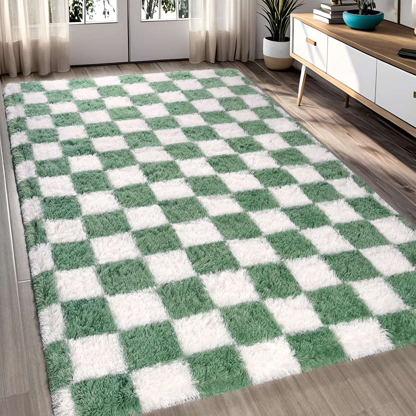 Rugs for Bedroom Living Room, 4x6 ft Sage Green and White Checkered Area Rug, Fluffy Soft Washable Carpet, Modern Non-Slip Shag Carpets for Boys Girls Nursery Home Aesthetic Decor