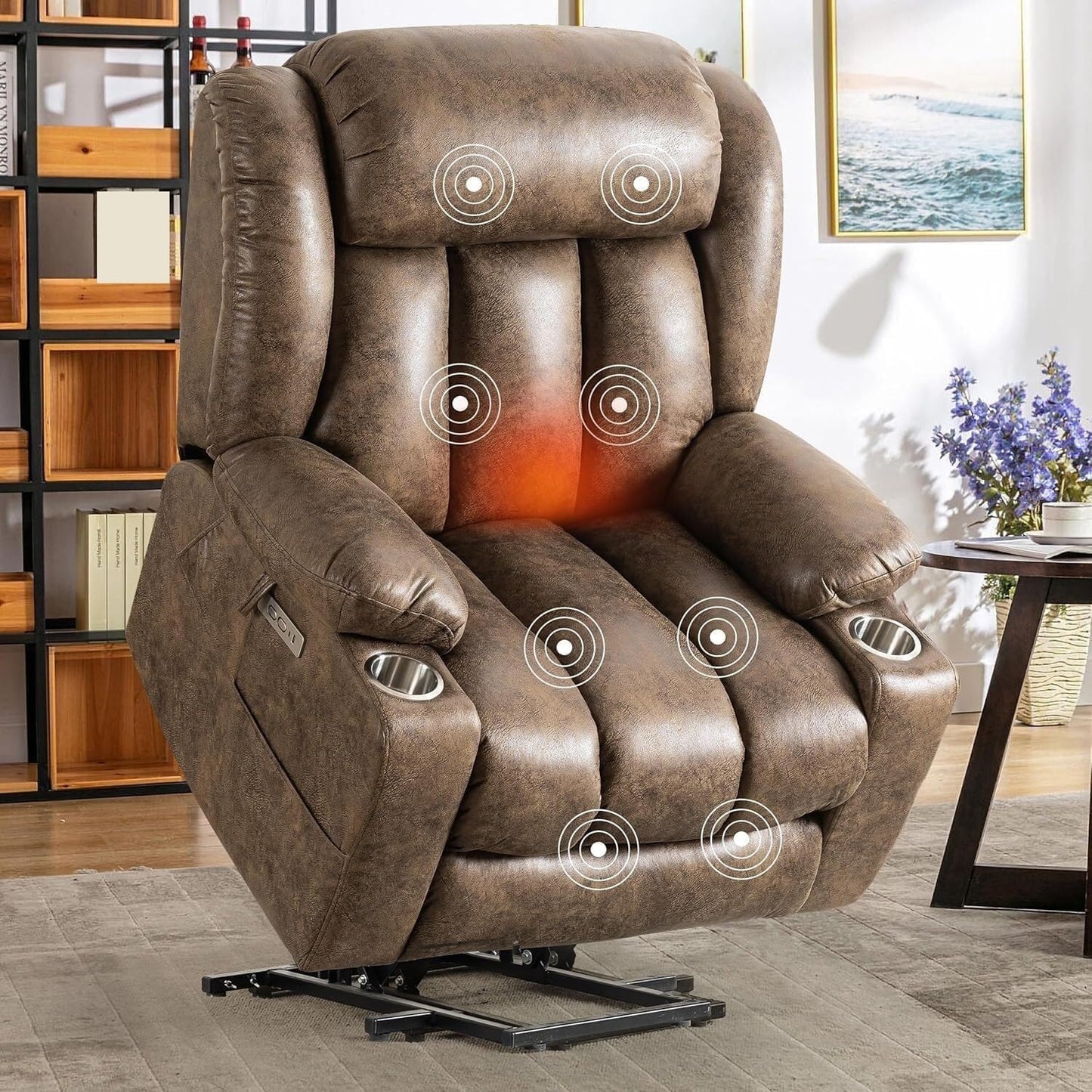 Electric Lift Recliner Chair for Seniors with MassageLumbar Heat & Footrest Leather Power Recliner with USB & Type-C Ports, Cup Holders, Ergonomic Living Room Armchair