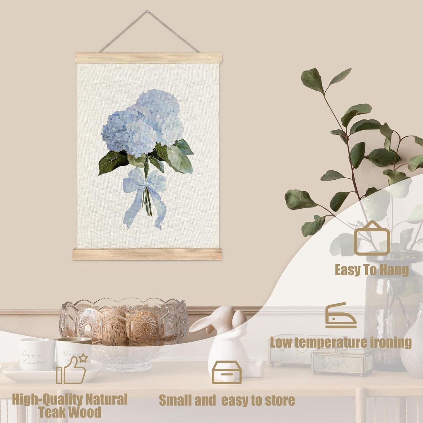 WUCHJ Coquette Hydrangea Floral Wall Art Poster, Rustic Flower Wall Decor, Aesthetic Bow Blue Hydrangea Flower Canvas Prints Artwork for Home Bedroom Living Room Decor, 12x16 Inch