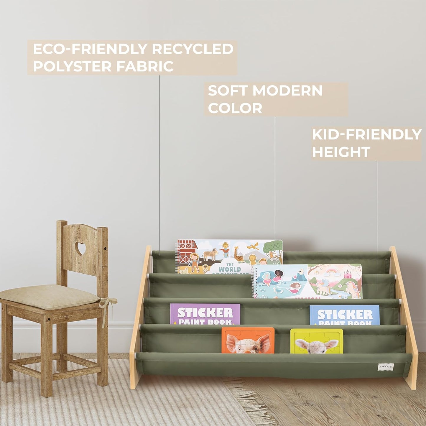 ZICOTO Decorative Wooden Bookshelf for Kids Rooms - Keeps Plenty of Books Neatly Organized & Within Reach for Toddlers - Easy Install Montessori Book Shelf for Baby's Bedroom or Playroom Decor