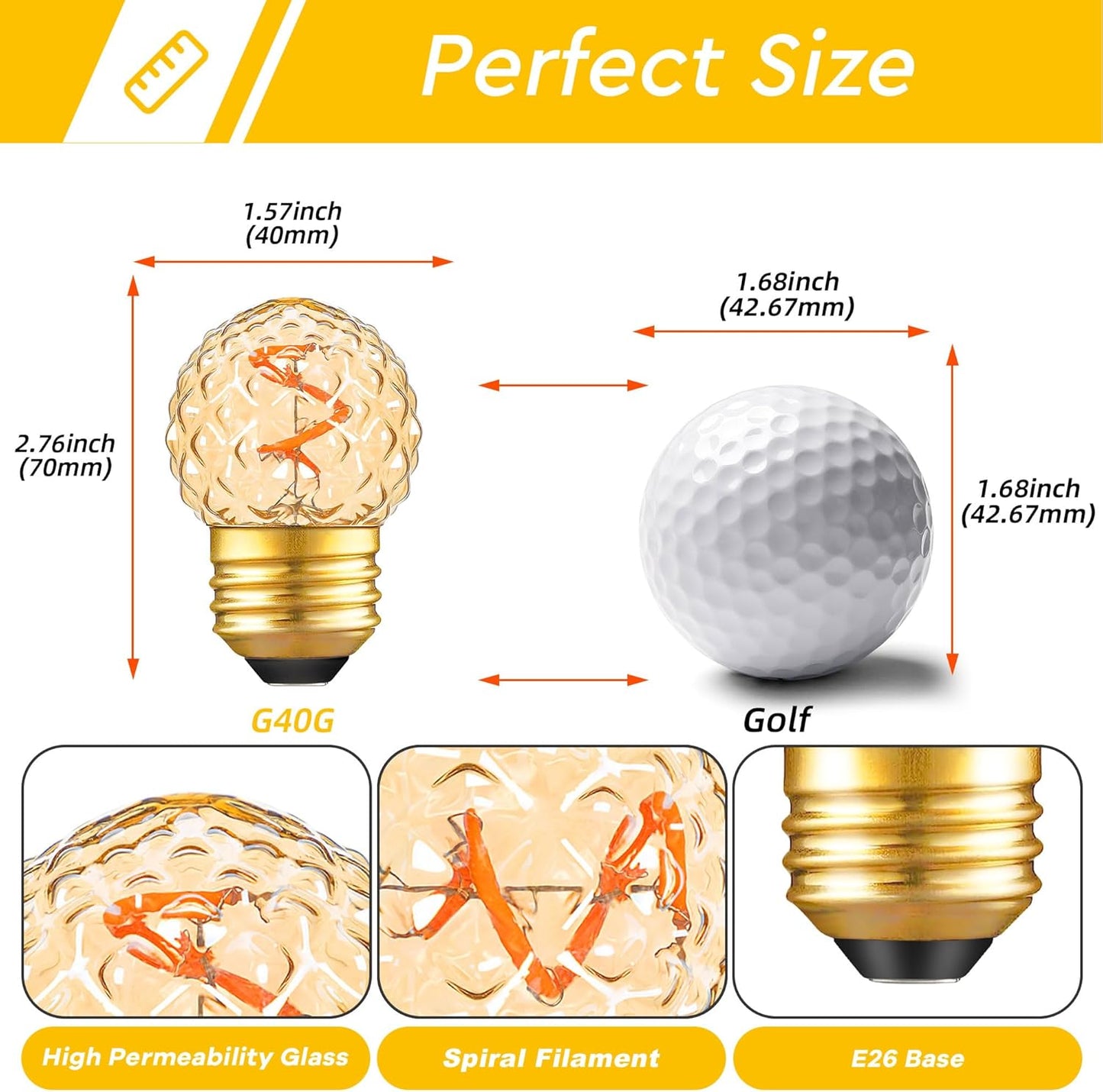 G40 LED Low Watt Light Bulbs Warm Glow E26 Amber 1W 10 Watt Light Bulb,Low Lumen Light Bulb Small Edison Short Dim Light Bulbs for Lamp,Bedroom (Amber Spiral Filament 2200K, 6 Count)