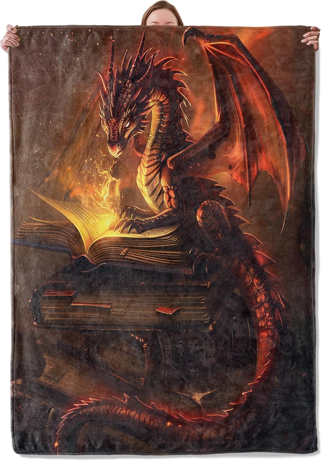Fantasy Red Dragon and Magic Book Theme Blanket Gifts for Women Girls, Soft Warm Lightweight Flannel Throw Blankets for Living Room Home Sofa Travel Decor 50" x 60"