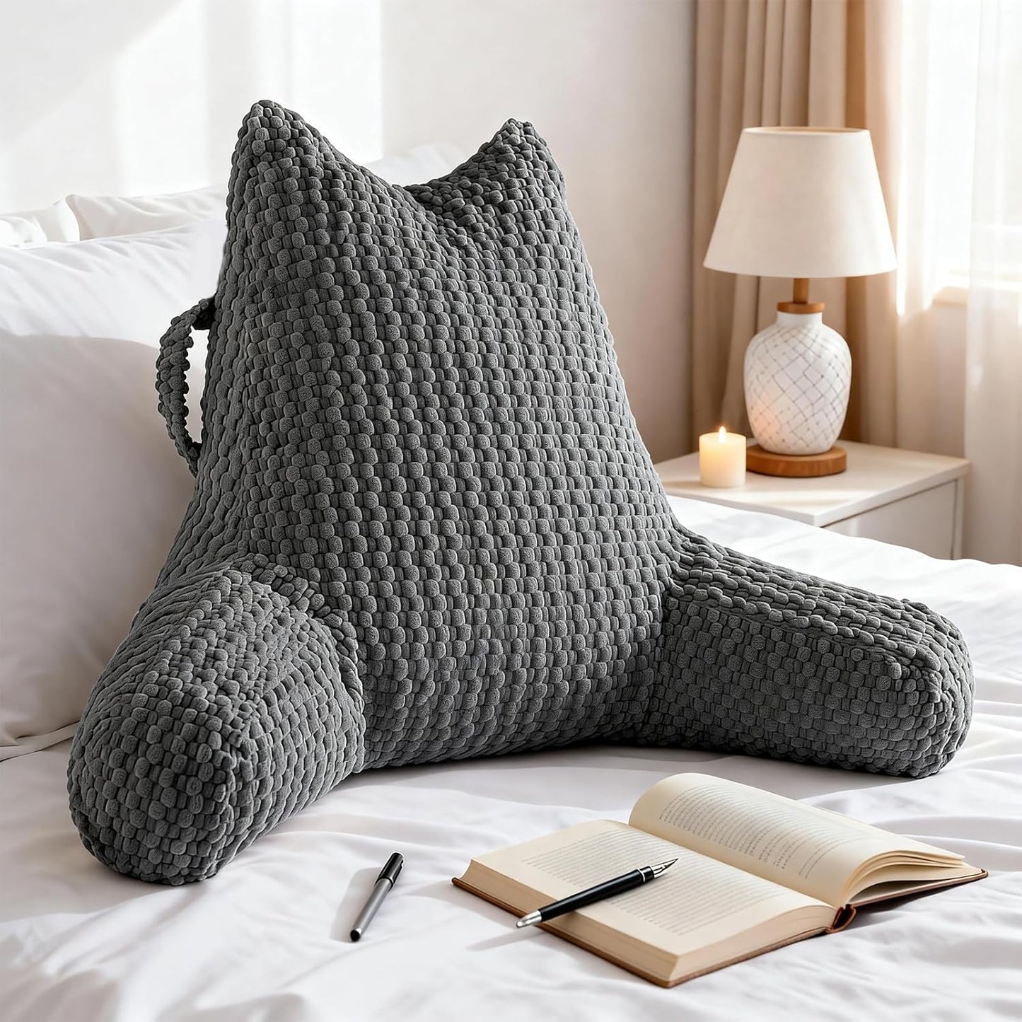 Reading Pillow, Backrest Pillow with Shredded Memory Foam, Back Support Cushion for Bed and Couch Sitting Up, Bed Pillow with Arms, Pockets and Washable Cover-Grey