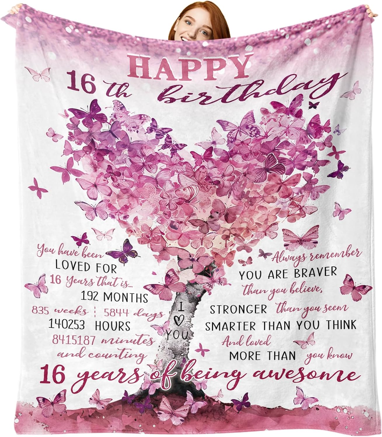 Happy 16th Birthday Gifts for Girls Flannel Throw Blanket, 16 Year Old Birthday Gift Ideas, Pink Love Heart Tree Present for Teenage Daughter, Girly Bday Soft Bedding Sofa Blankets 50'' x 60''