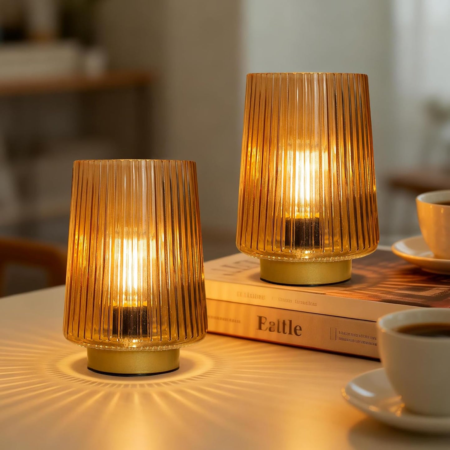 Battery Operated Lamp with Timer, Set of 2 Small Cozy Table Lamp Decorative Ambient Glass Lamp for Bedside & Home Decor, Aesthetic Cordless Battery Powered Accent Lamp for Living Room Shelf, Amber