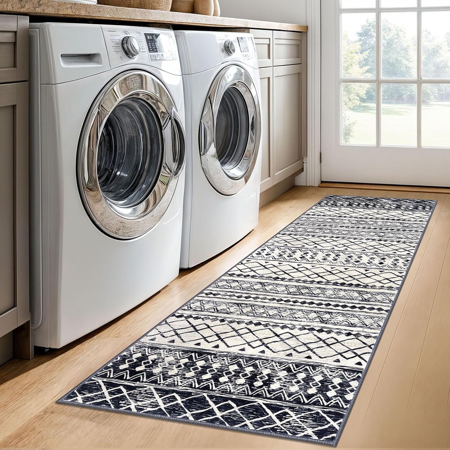 KUTA 2x6 Non-Slip Washable Runners for Hallways,Black Navy Blue Moroccan Boho Distressed Geometric Vintage Kitchen Runner, Ultra Soft Floor Mat for Entryway, Bathroom, Laundry, Living Room, Bedroom