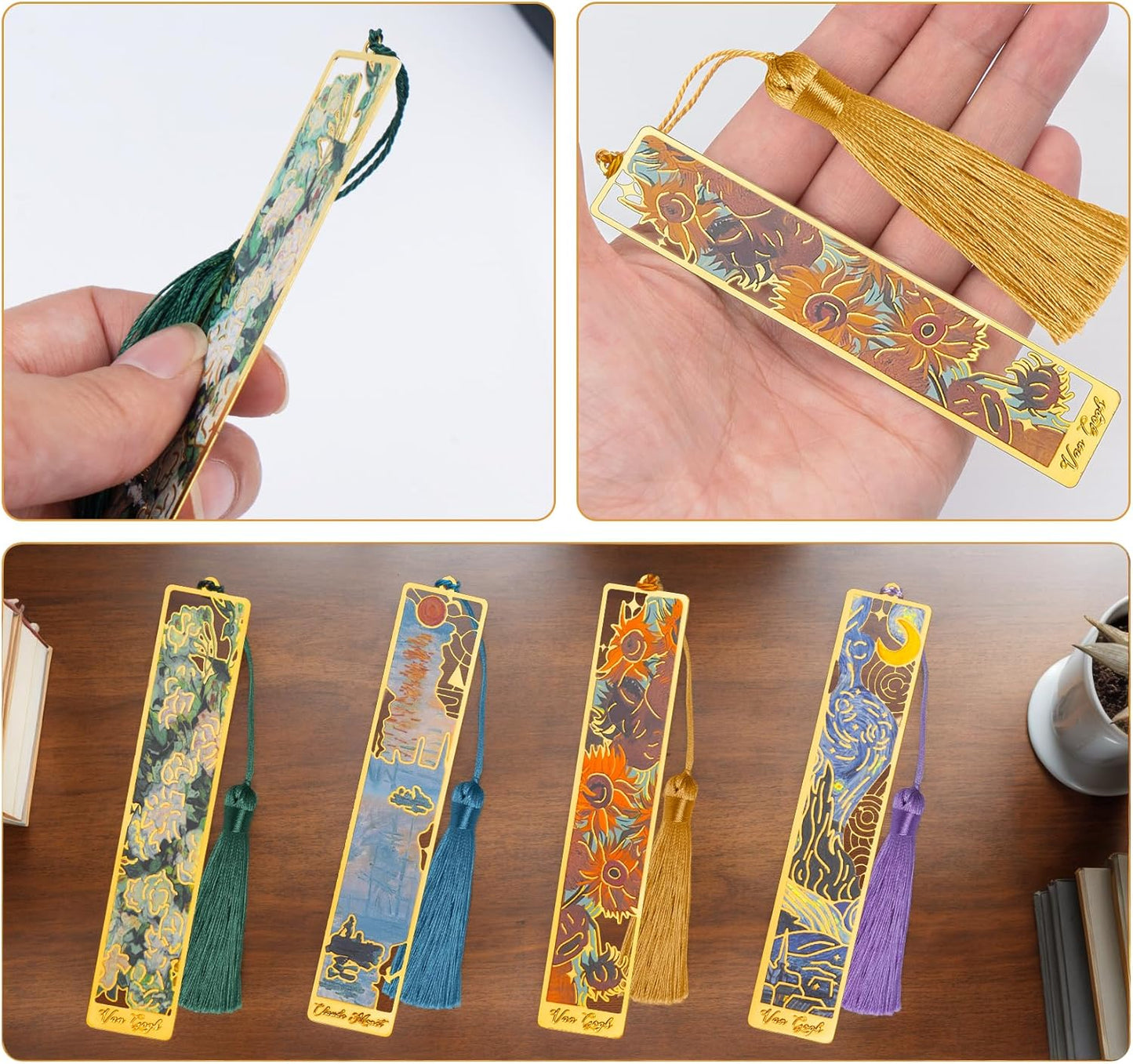 4 Pieces Metal Bookmarks Exquisite with Tassel,Golden Hollow Bookmark with Envelopes,Oil Painting Theme Vintage Book Mark,Pretty Bookmarks for Friends Teachers Students Birthday Present
