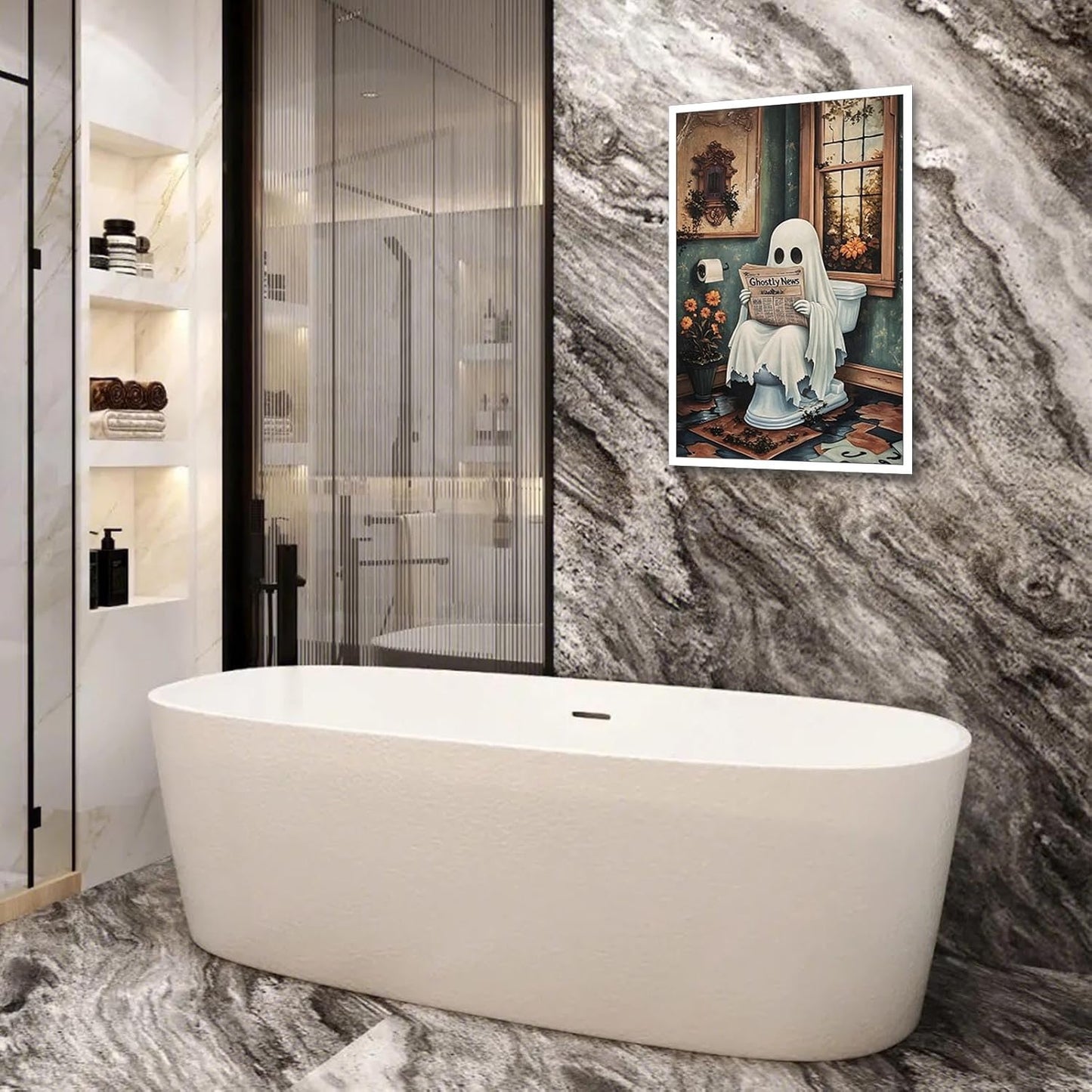 Halloweenn Ghost Reading Newspaper Bathroom Wall Art Funny Ghost On Toilet Posters Spooky Dark Academia Gothic Canvas Print Vintage Whimsical Horror Wall Decor for Apartment Dorm 12x16in Unframed