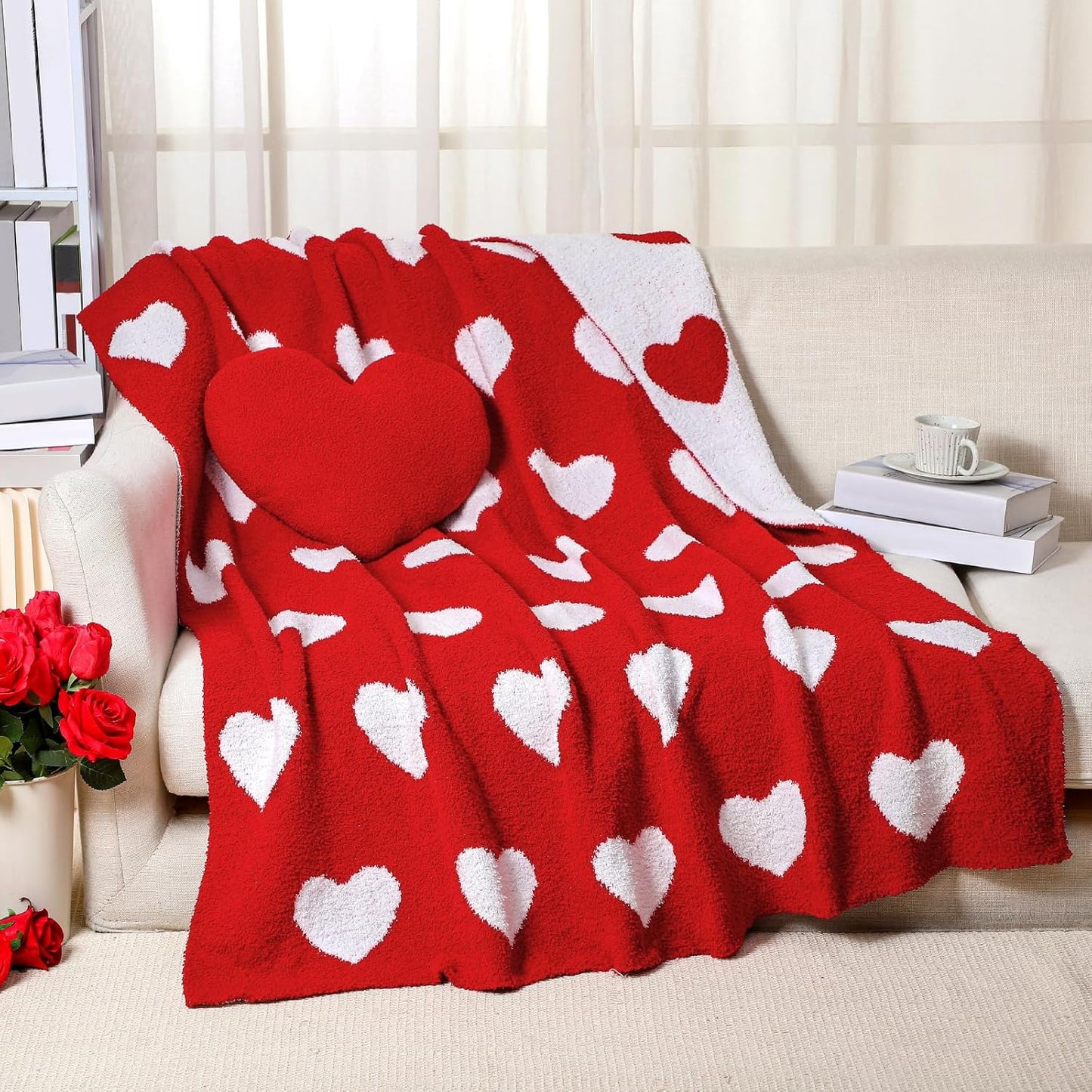 Valentine's Day Throw Blankets Pillow Gifts Set Valentines Gift Include Double Sided Flannel Blanket 50 x 60 Inch and Plush Throw Pillows Cushion for Couch Sofa Bed Decorations