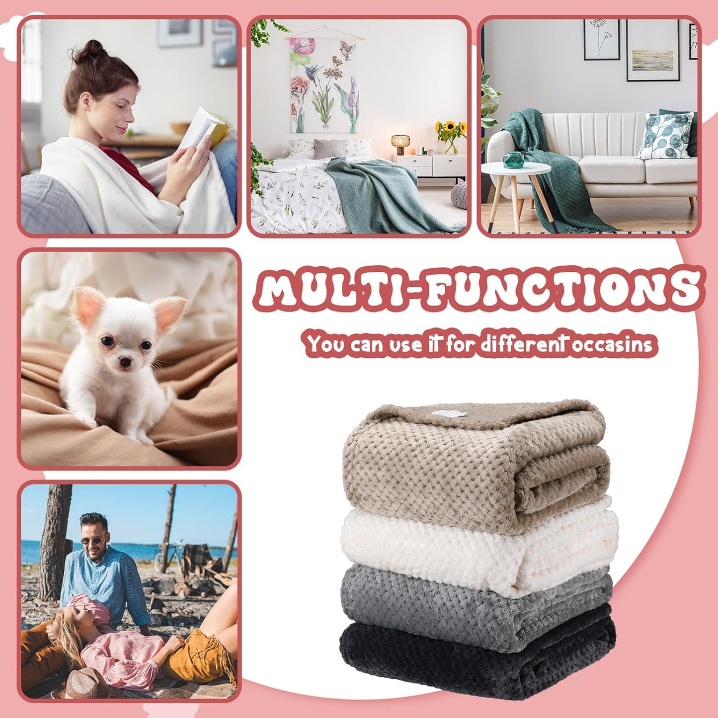 Newwiee 4 Pcs Flanne Fleece Throw Blanket for Bed Couch Large 3D Waffle Textured Soft Blanket Winter Warm Lightweight No Shedding No Pilling Decorative Throw, 50x60 Inch(Neutral Color)