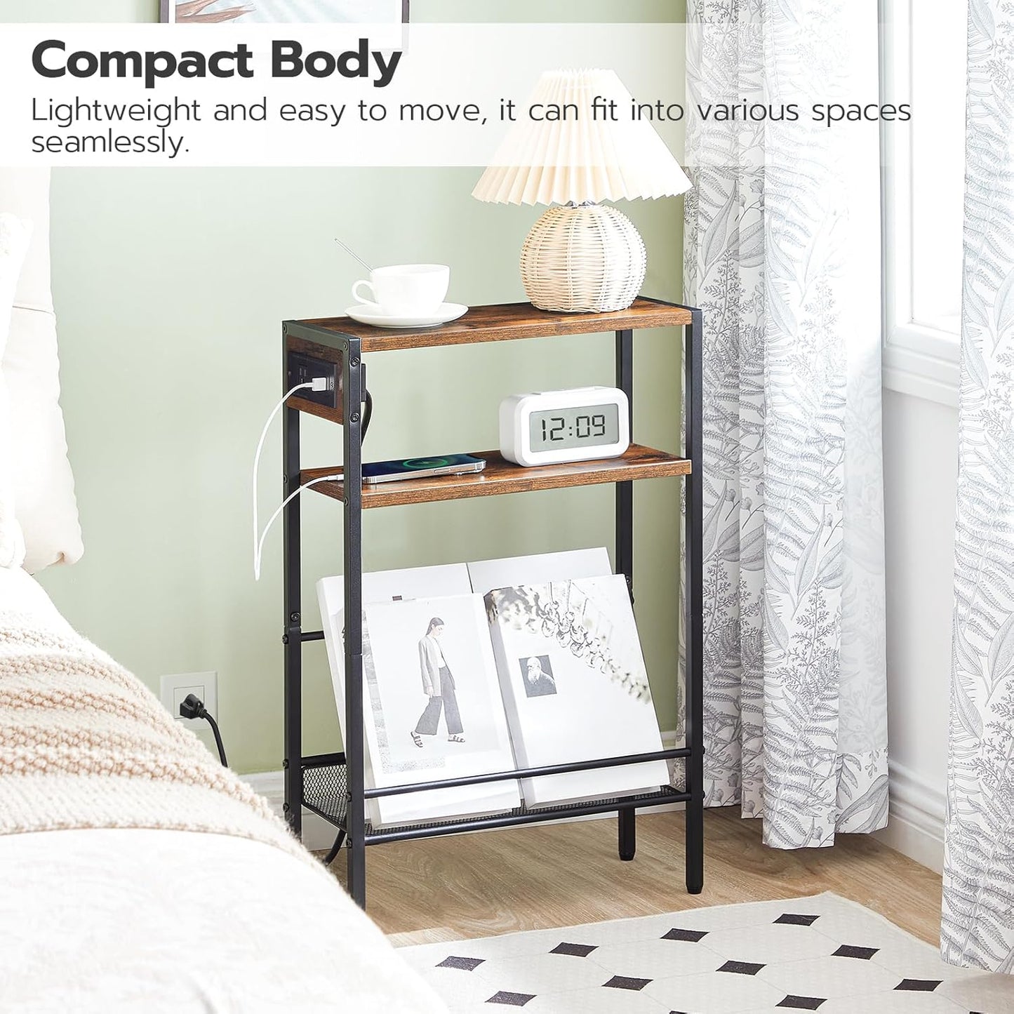 HOOBRO Small Narrow Side Table with Charging Station, Skinny End Table for Small Spaces, Slim Nightstand with USB Ports Outlet, Sofa Beside Table with Storage Shelf, Rustic Brown and Black BF102UBZ01