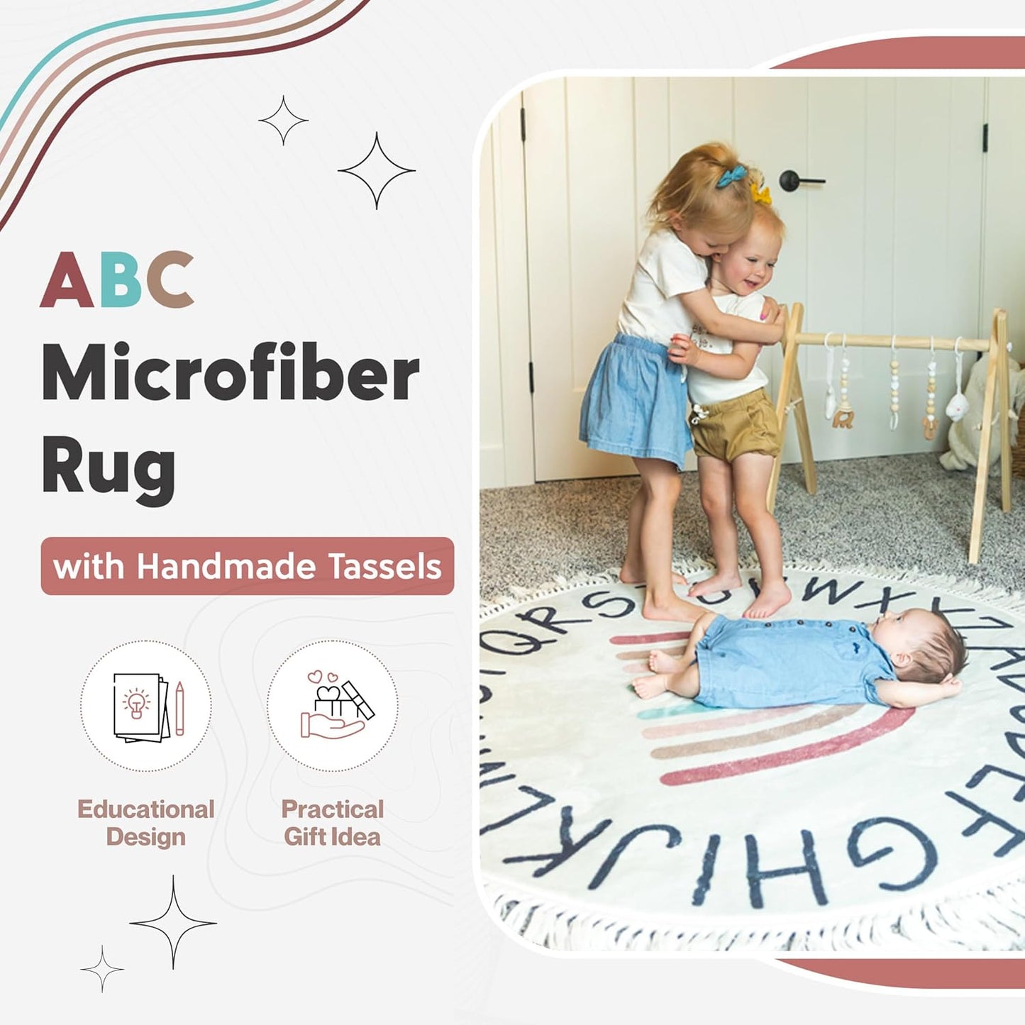 ABC Lovely Boho Rainbow Rug - 4ft Toddlers & Baby Playroom Rug, Round Classroom Carpet, Ultra Soft & Non Slip Alphabet Nursery Rug, Children's Room Washable Carpet - 47 inch